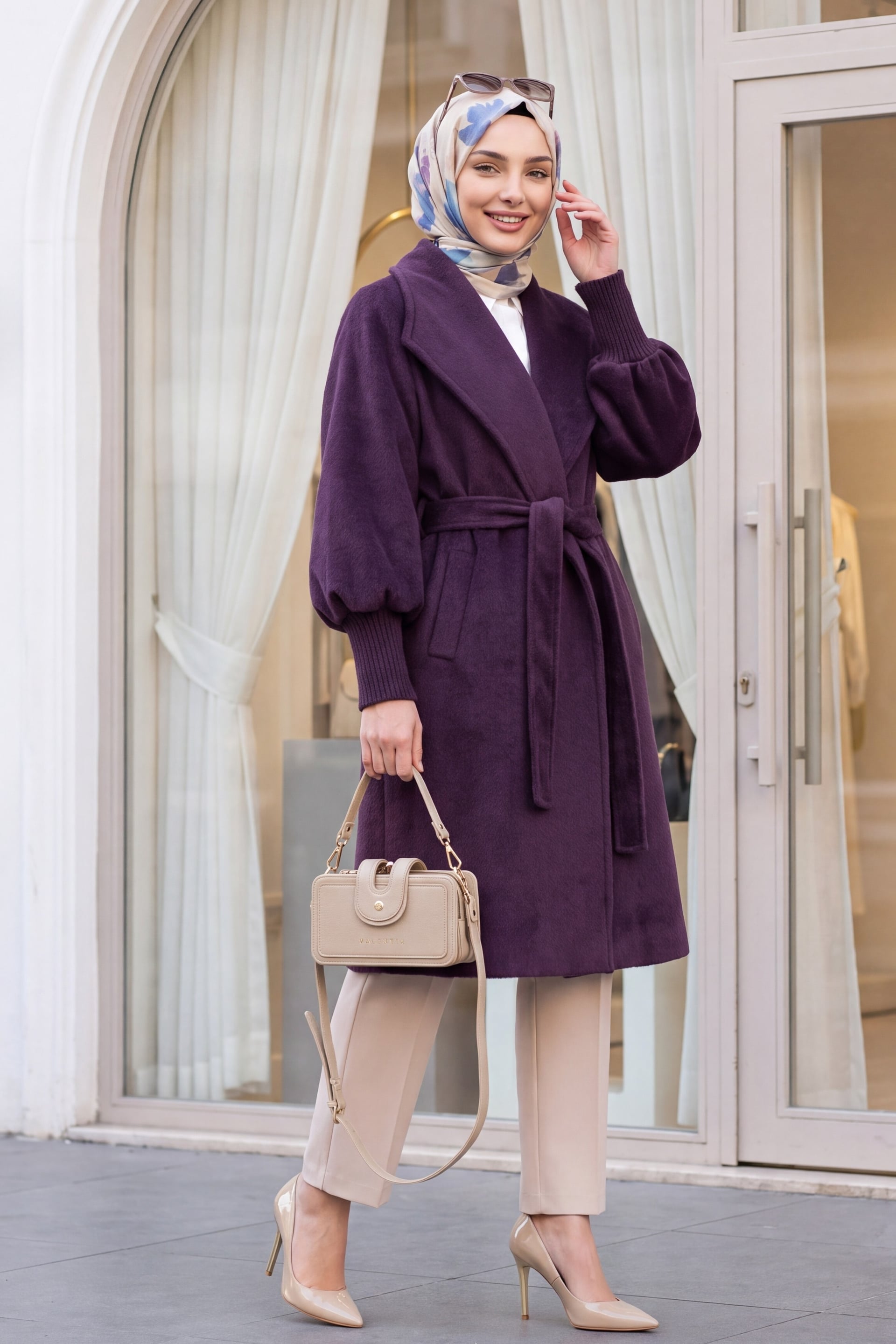 Shawl Collar Lined Wool Blend Coat with Ribbed Cuffs - Plum - Podyumplus - by Peralane - photo 2