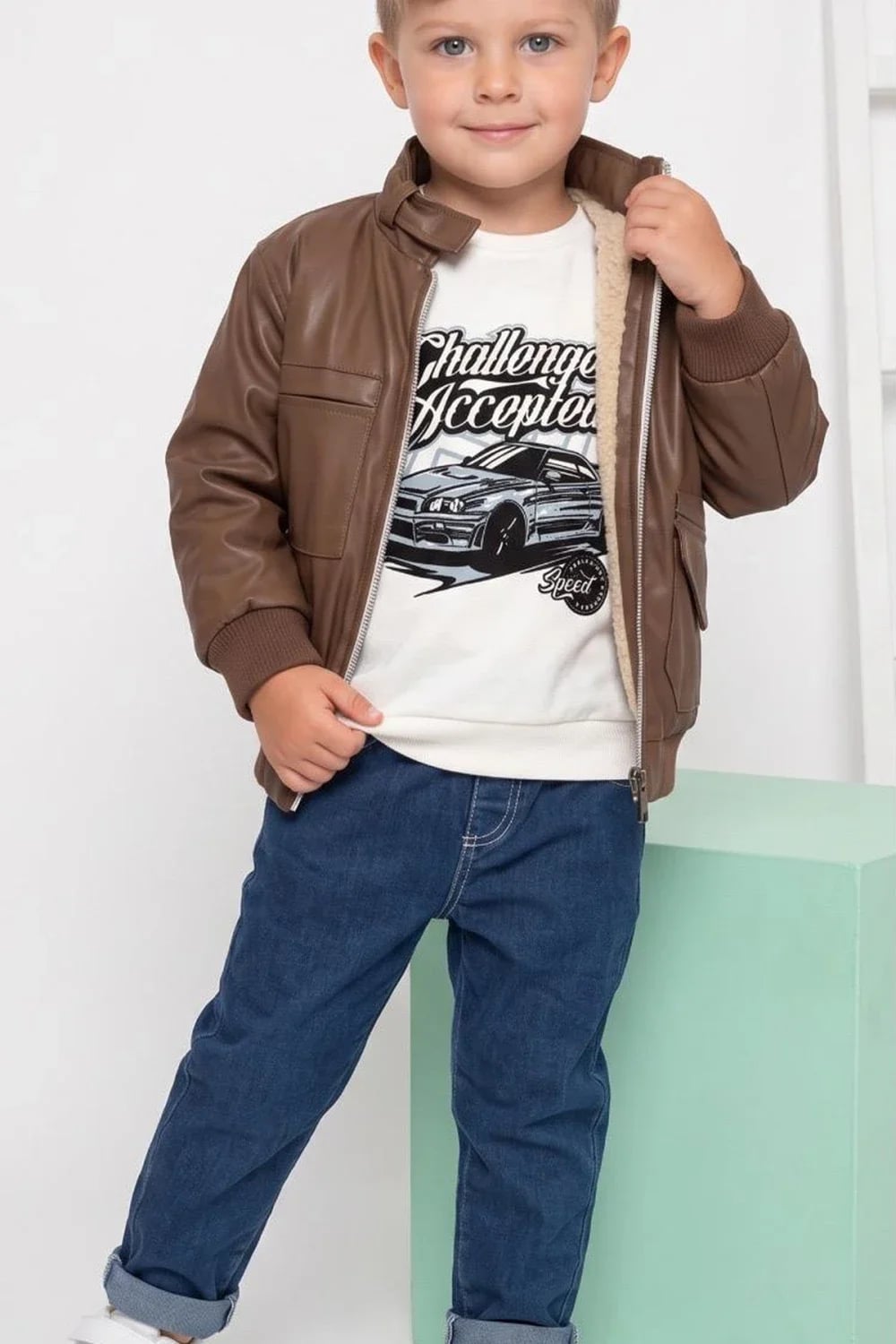 Boys' 3-Piece Set with Faux Leather Jacket and Graphic T-Shirt - Brown - Has Bereket - by Peralane