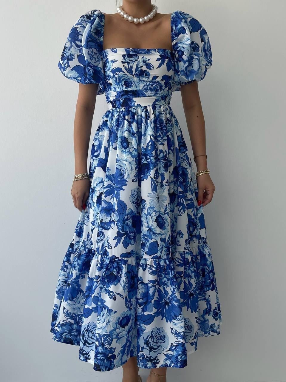 Kassel Square Neck Short Sleeve Dress - Blue Floral Print White - Etika - by Peralane - photo 2