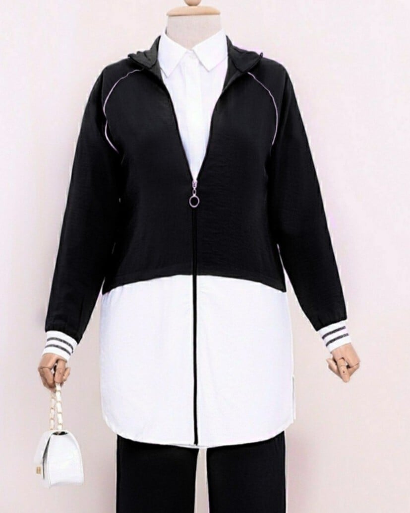 Hooded Zip-Front Tunic and Trousers Set - Black - Podyumplus - by Peralane - photo 2