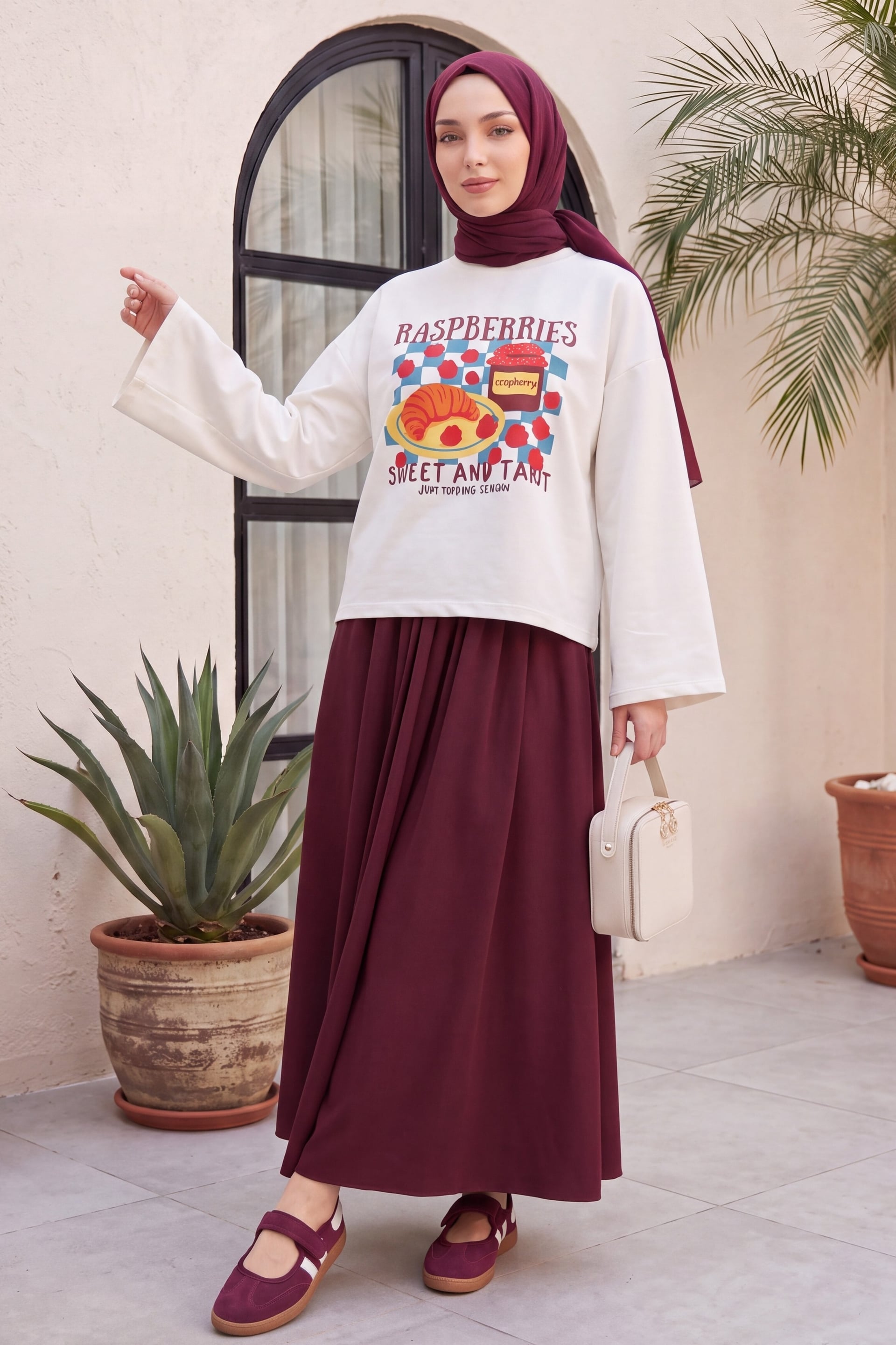 Fruit Print Crew Neck Oversize 2-Thread Sweatshirt - Burgundy - Podyumplus - by Peralane - photo 3