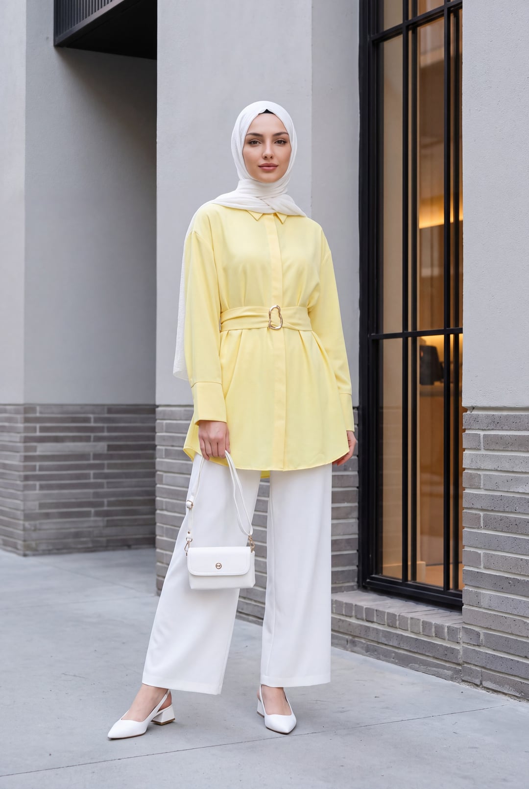 Belted Double Cuff Poplin Tunic with Hidden Button Front - Yellow - Podyumplus - by Peralane - photo 6