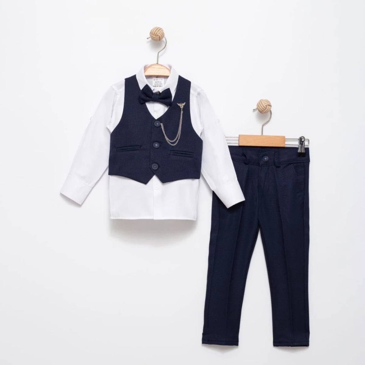 Boys' Navy Blue 4-Piece Suit Set with Vest, Shirt, Bow Tie and Trousers - Terry - by Peralane