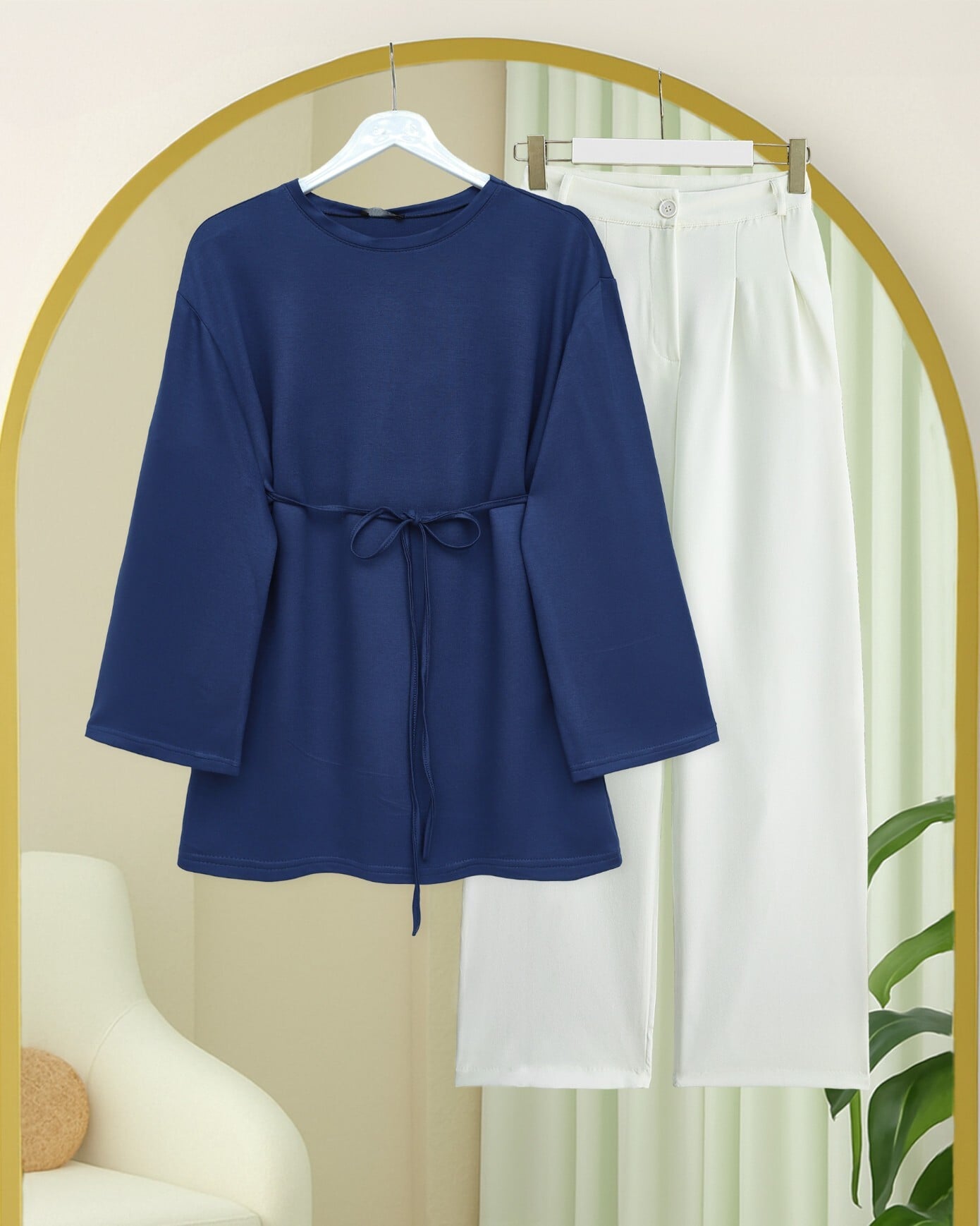 Women's Round Neck Tie-Waist Jersey Tunic - Navy - Podyumplus - by Peralane - photo 9
