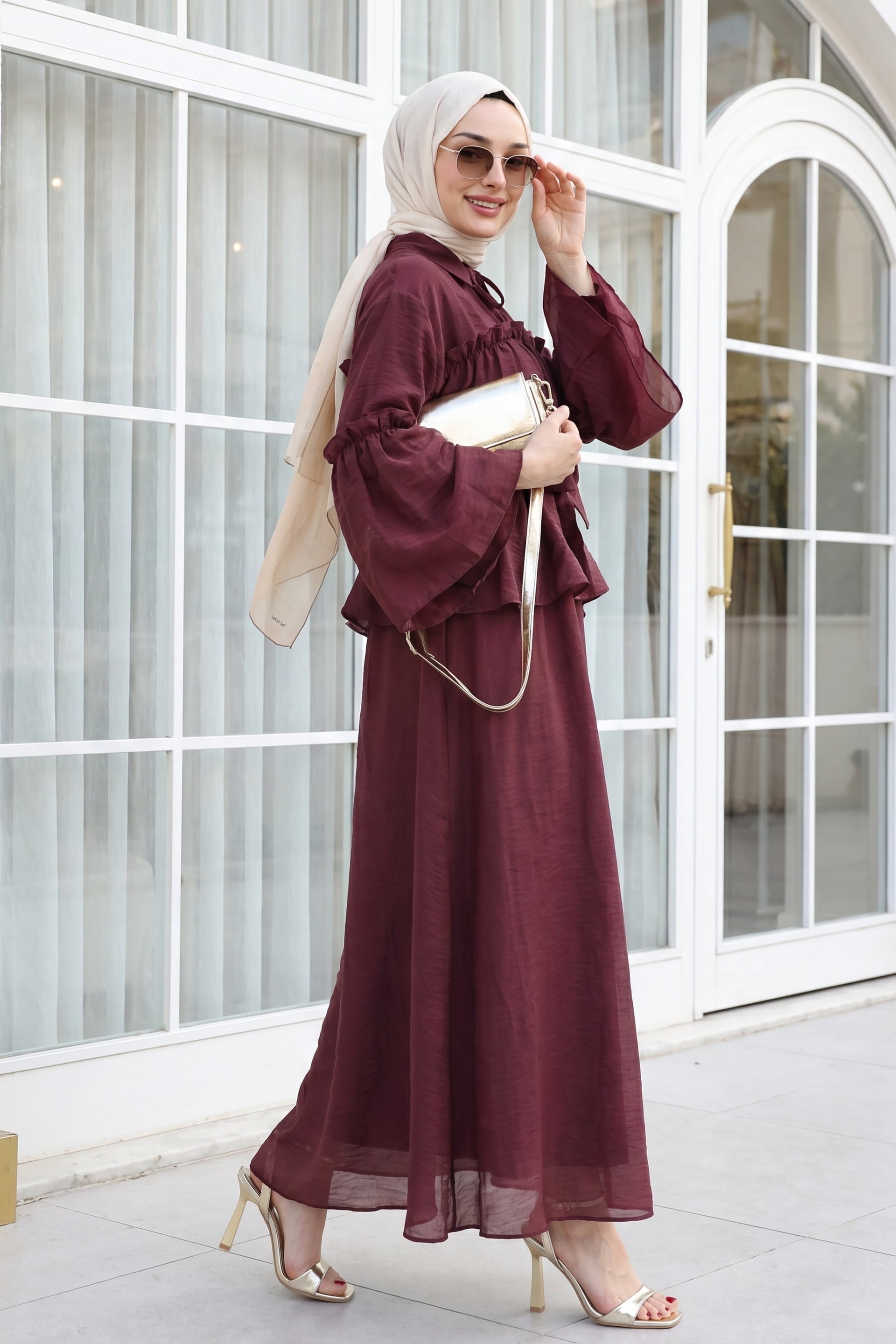 Tie-Neck Ruffled Lined Belted Tulle Voile Dress - Burgundy - Podyumplus - by Peralane - photo 2