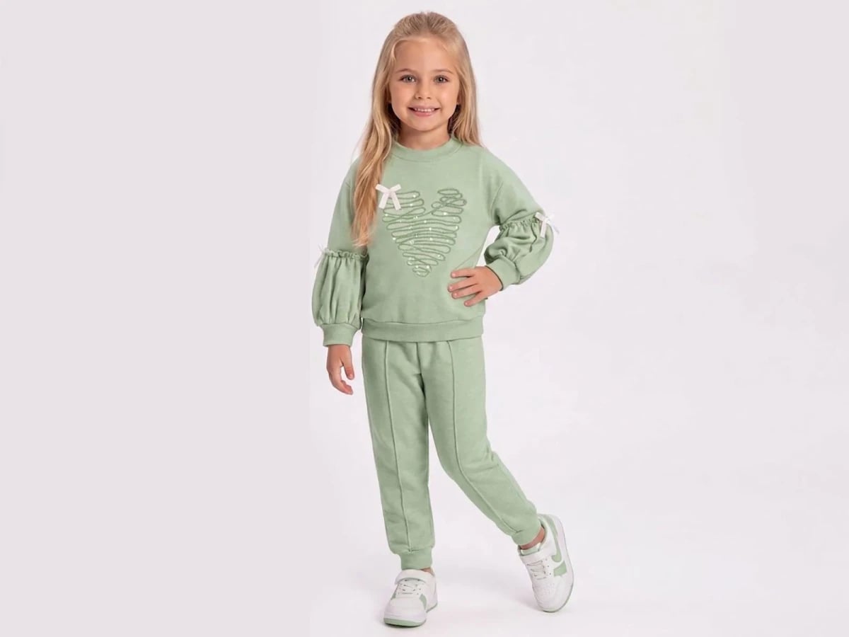 Girls' Two-Piece Set with Heart Embroidery - Sage Green - Feely Kids - by Peralane