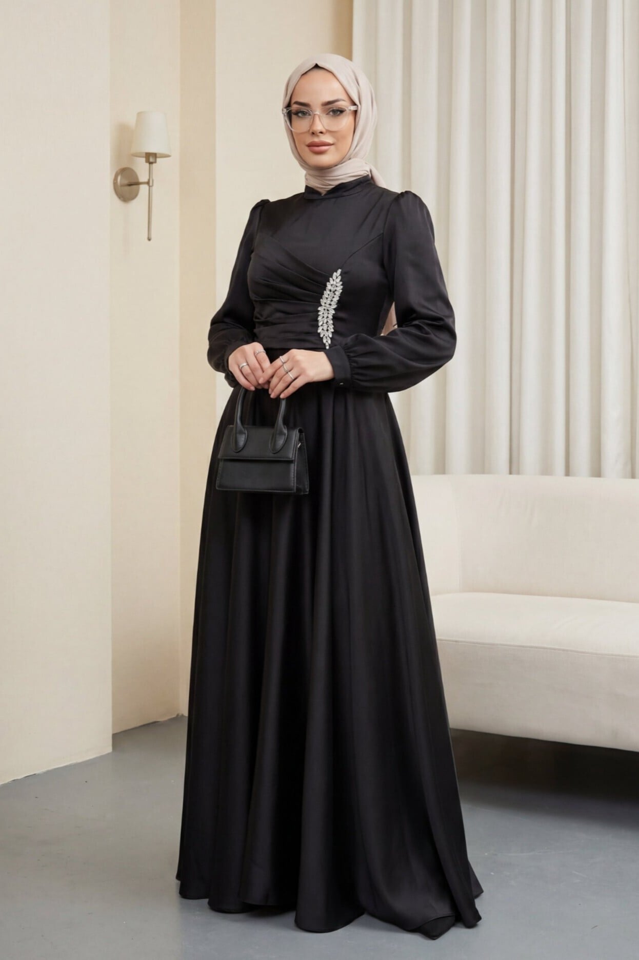 Front Ruched Crystal Detail Satin Dress - Black - Podyumplus - by Peralane