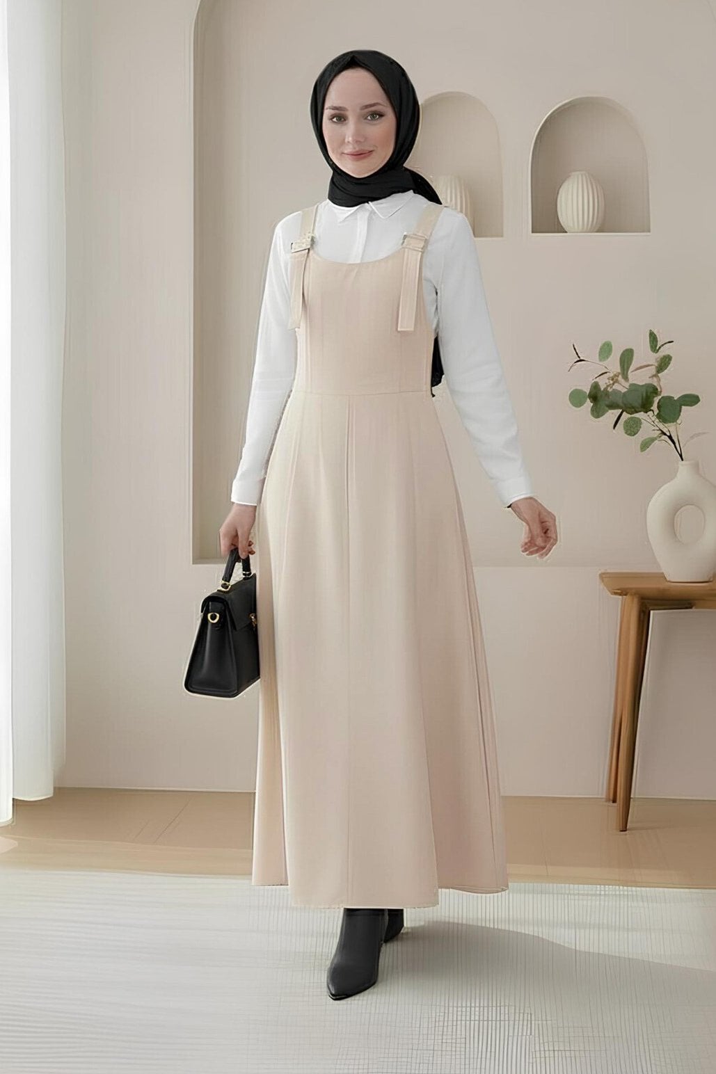 Half-Zip Gabardine Pinafore Dress - Stone - Podyumplus - by Peralane