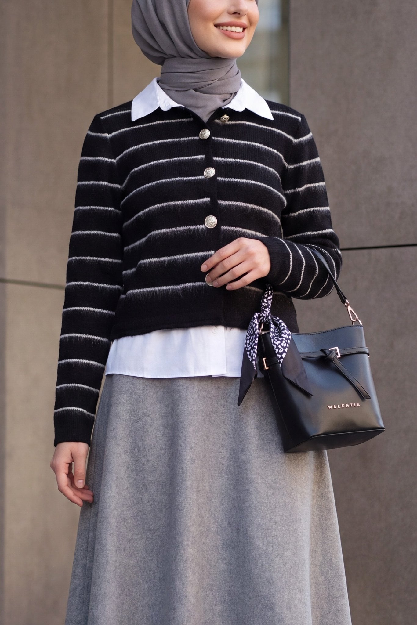Black Striped Knitted Cardigan with Shirt Collar Detail - Podyumplus - by Peralane