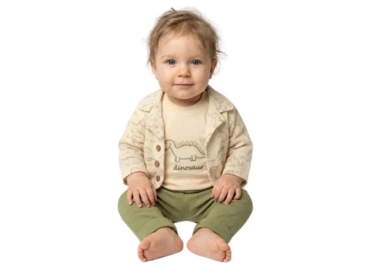 Dino Print Baby Boy Set - T-Shirt, Cardigan, Trousers - Elci Baby - by Peralane