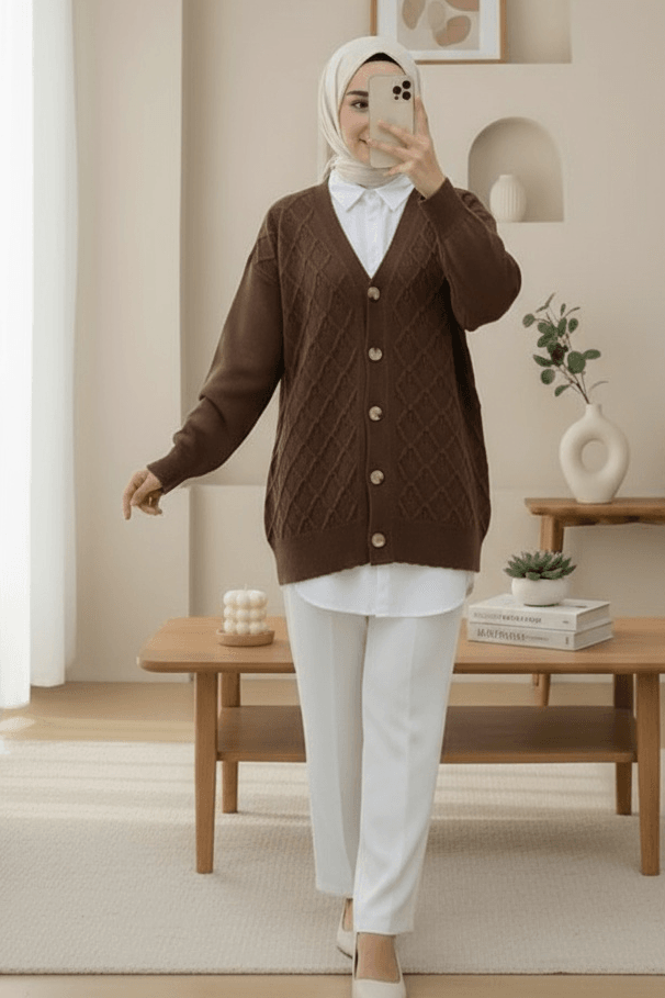 V-Neck Large Button Patterned Knit Cardigan - Brown - Podyumplus - by Peralane