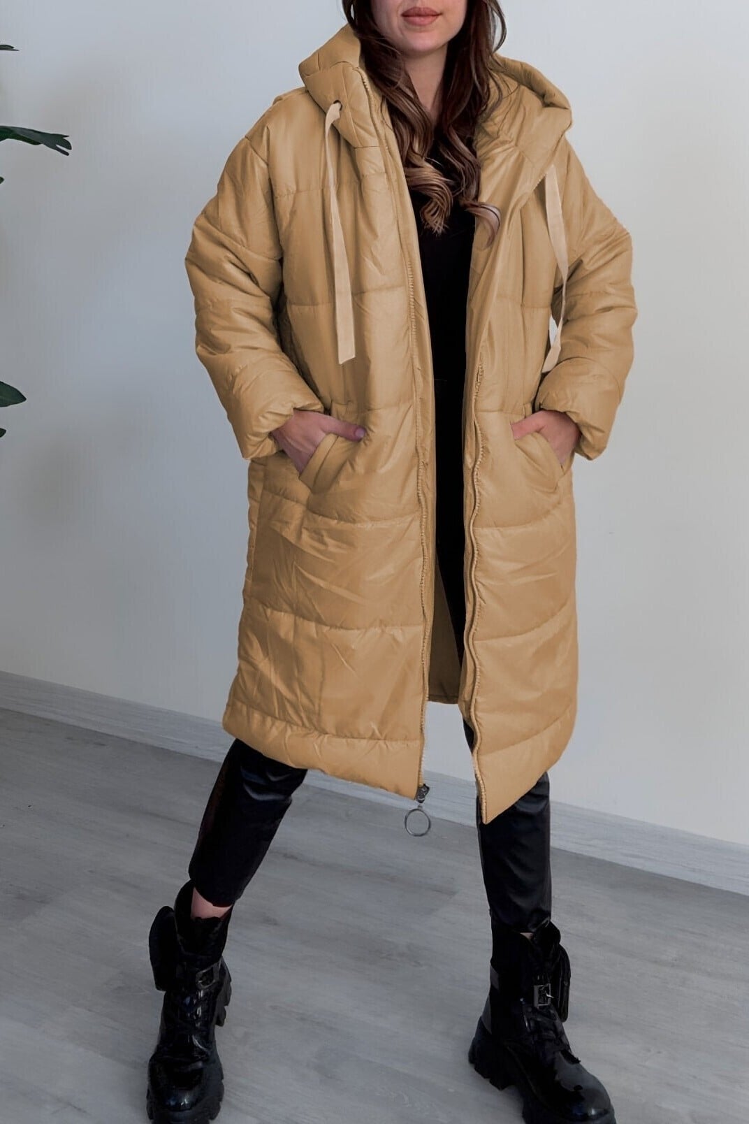 Hooded Drawstring Puffer Jacket - Mink - Podyumplus - by Peralane - photo 2