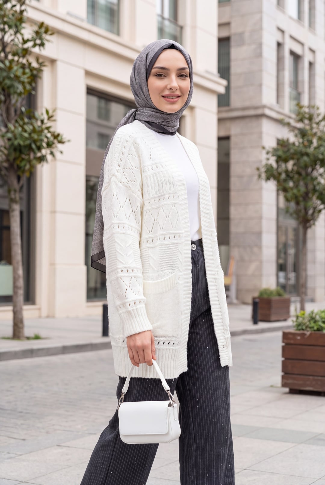 Double-Pocket Open-Front Lacy Knit Cardigan - White - Podyumplus - by Peralane - photo 2