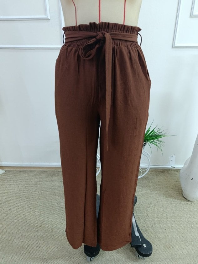 Women's Brown Paperbag Waist Wide Leg Crinkle Trousers - Janes - by Peralane - photo 4