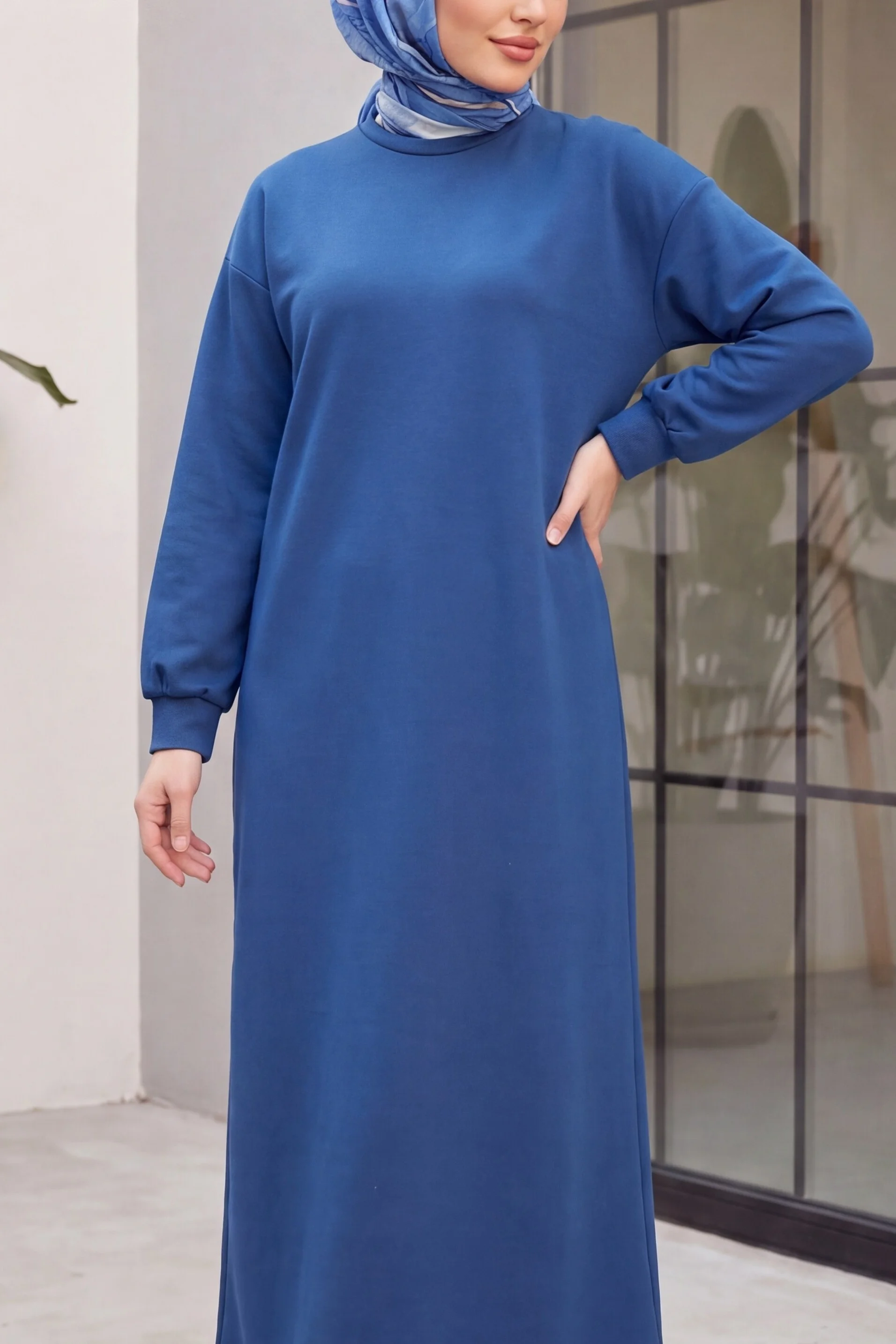 Round Neck Long Dress in Petrol Blue - Modest Wear - Podyumplus - by Peralane