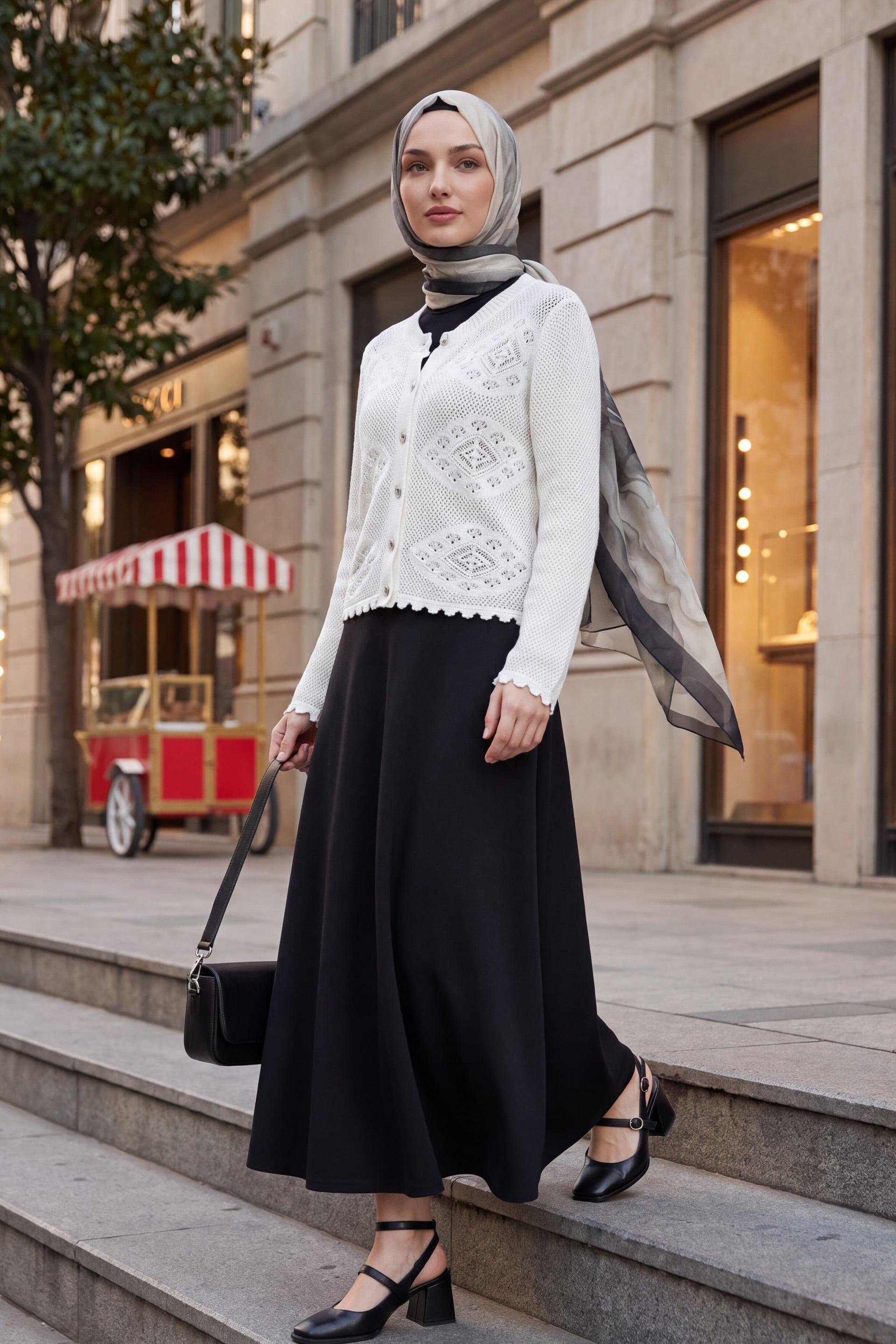 Geometric Patterned Open-Knit Button Cardigan - Ecru - Podyumplus - by Peralane - photo 3