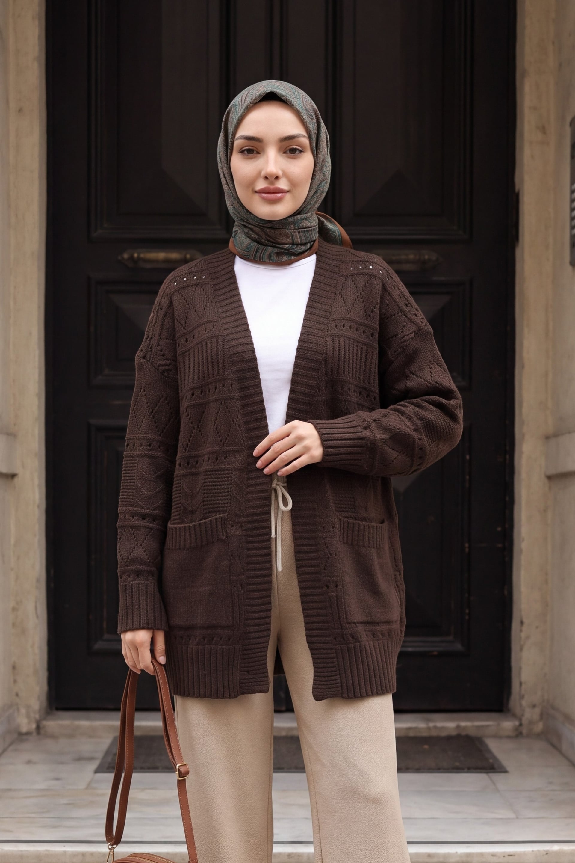 Double Pocket Open Front Ajour Knit Cardigan - Dark Brown - Podyumplus - by Peralane - photo 2