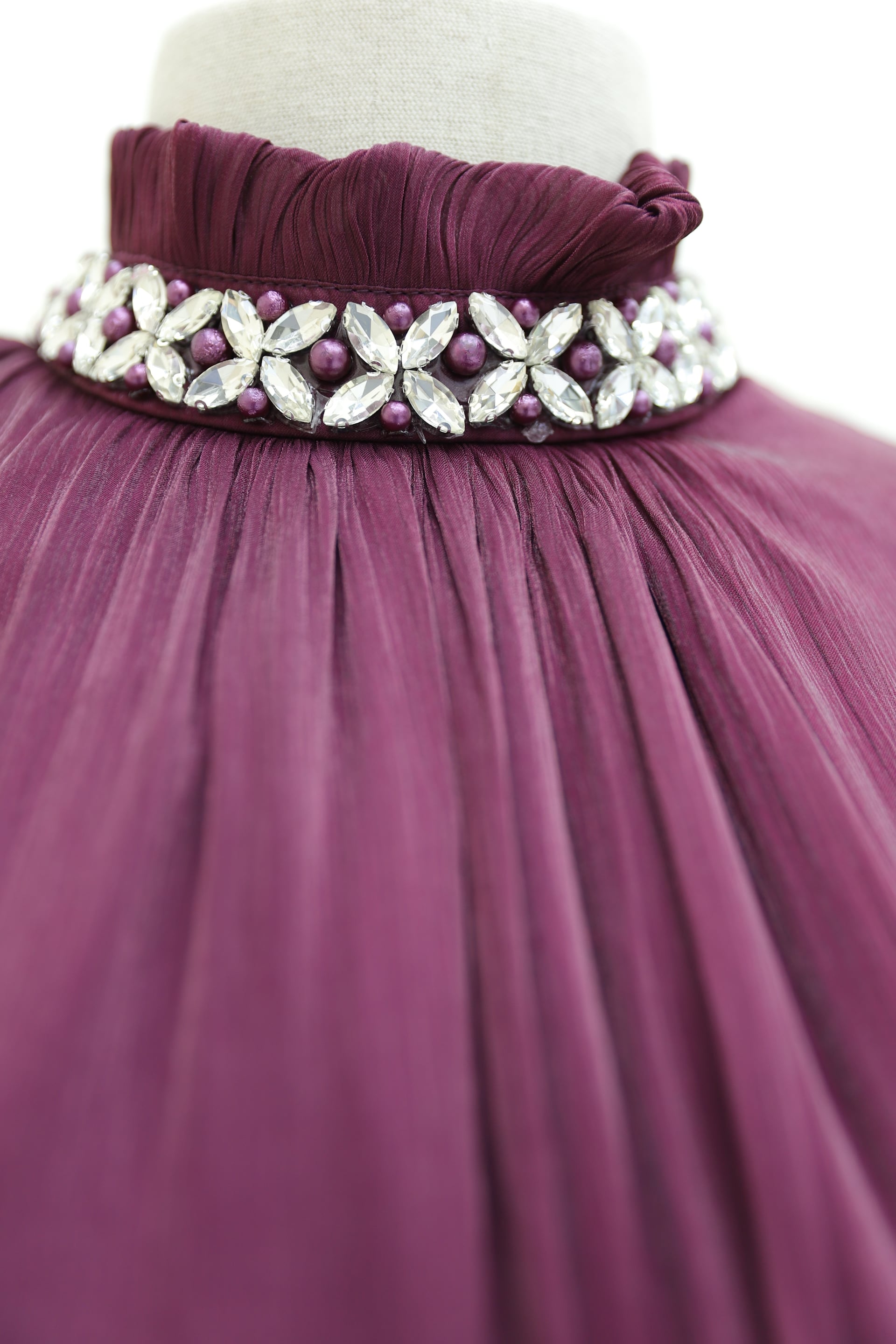Jeweled Neck and Cuff Balloon Sleeve Belted Shimmer Chiffon Evening Dress in Burgundy - Podyumplus - by Peralane - photo 6