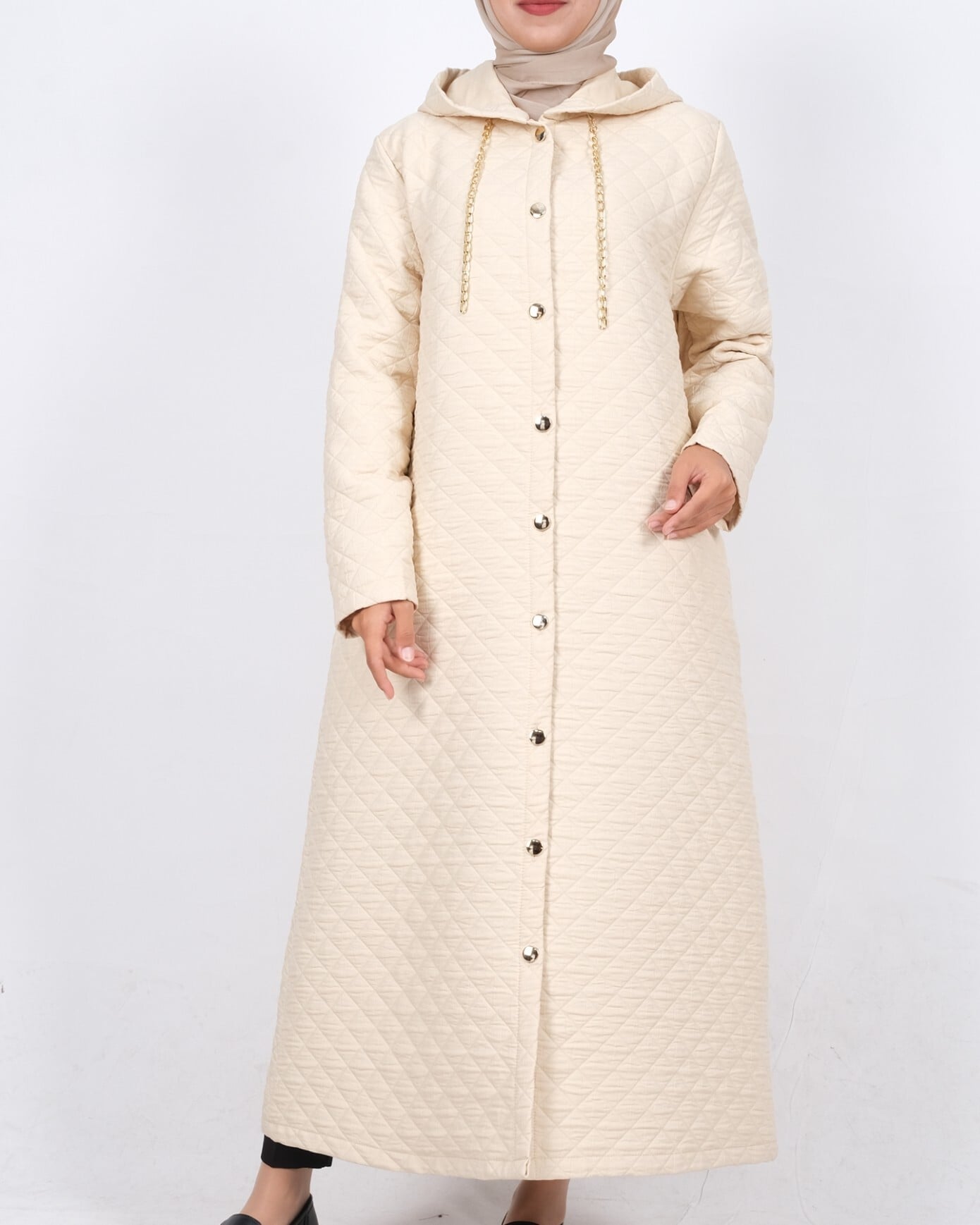 Women's Hooded Quilted Coat with Chain Detail - Beige - Podyumplus - by Peralane - photo 3