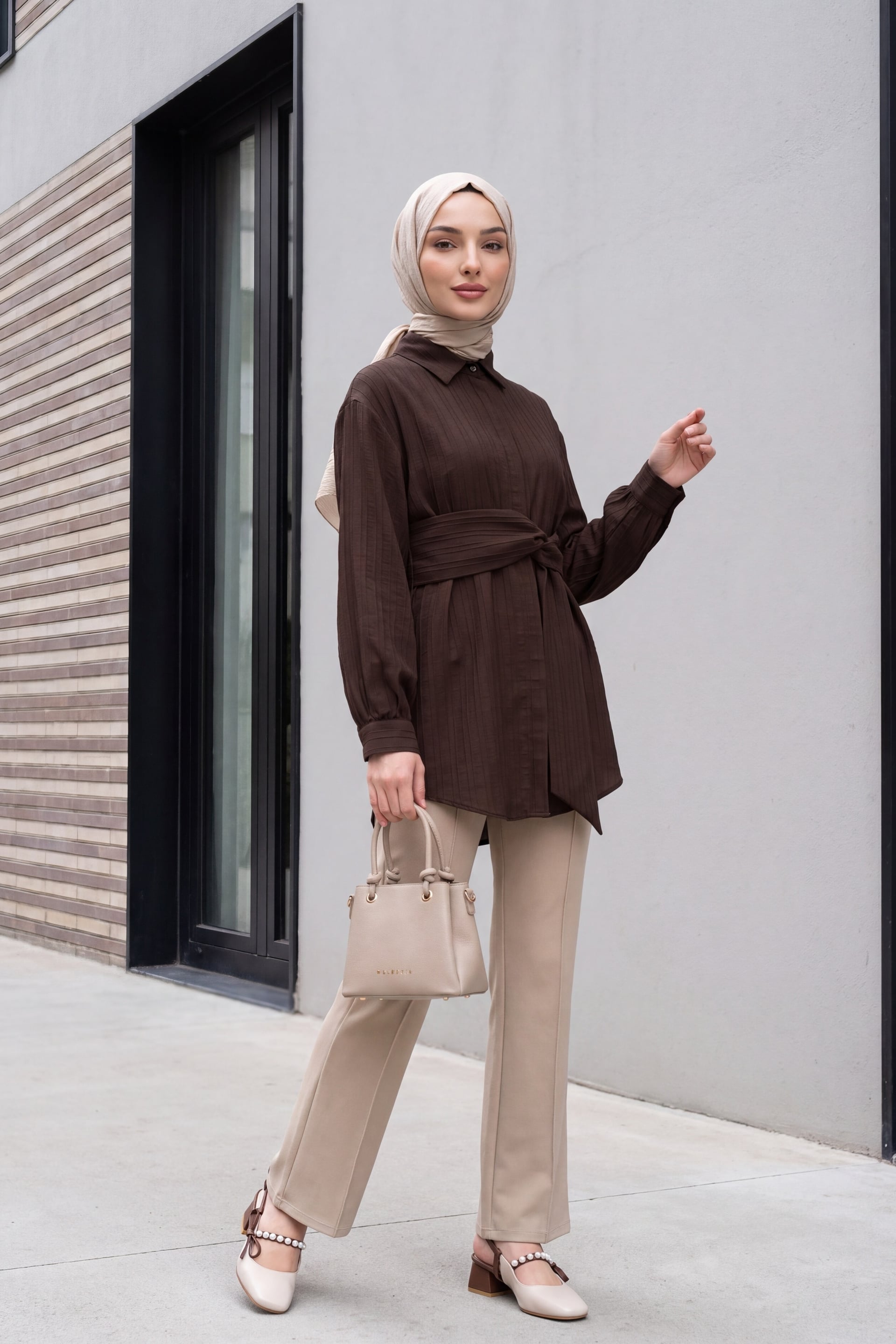Brown Tie-Waist Ribbed Crinkle Tunic - Podyumplus - by Peralane - photo 3