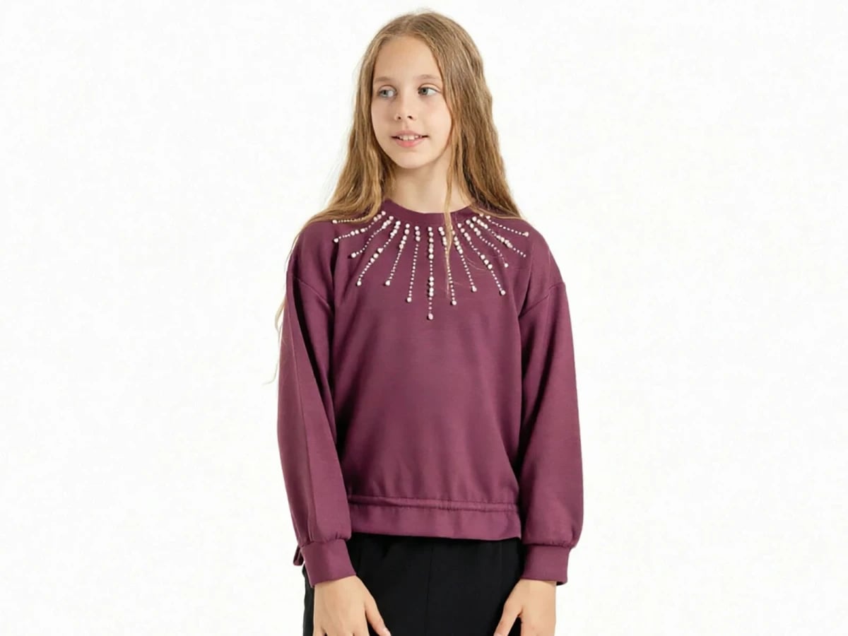 Girls' Pearl Detail Sweatshirt - Plum - ÖZ Bebe - by Peralane