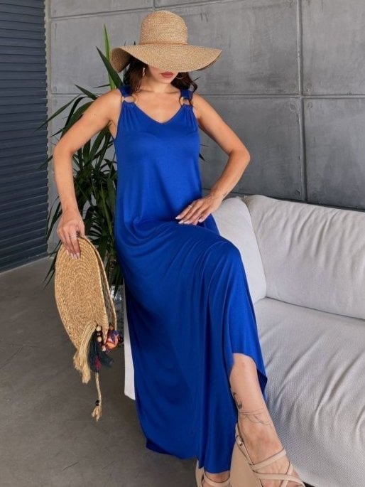 Women's Sleeveless V-Neck Asymmetric Cut Dress in Vibrant Blue - Janes - by Peralane