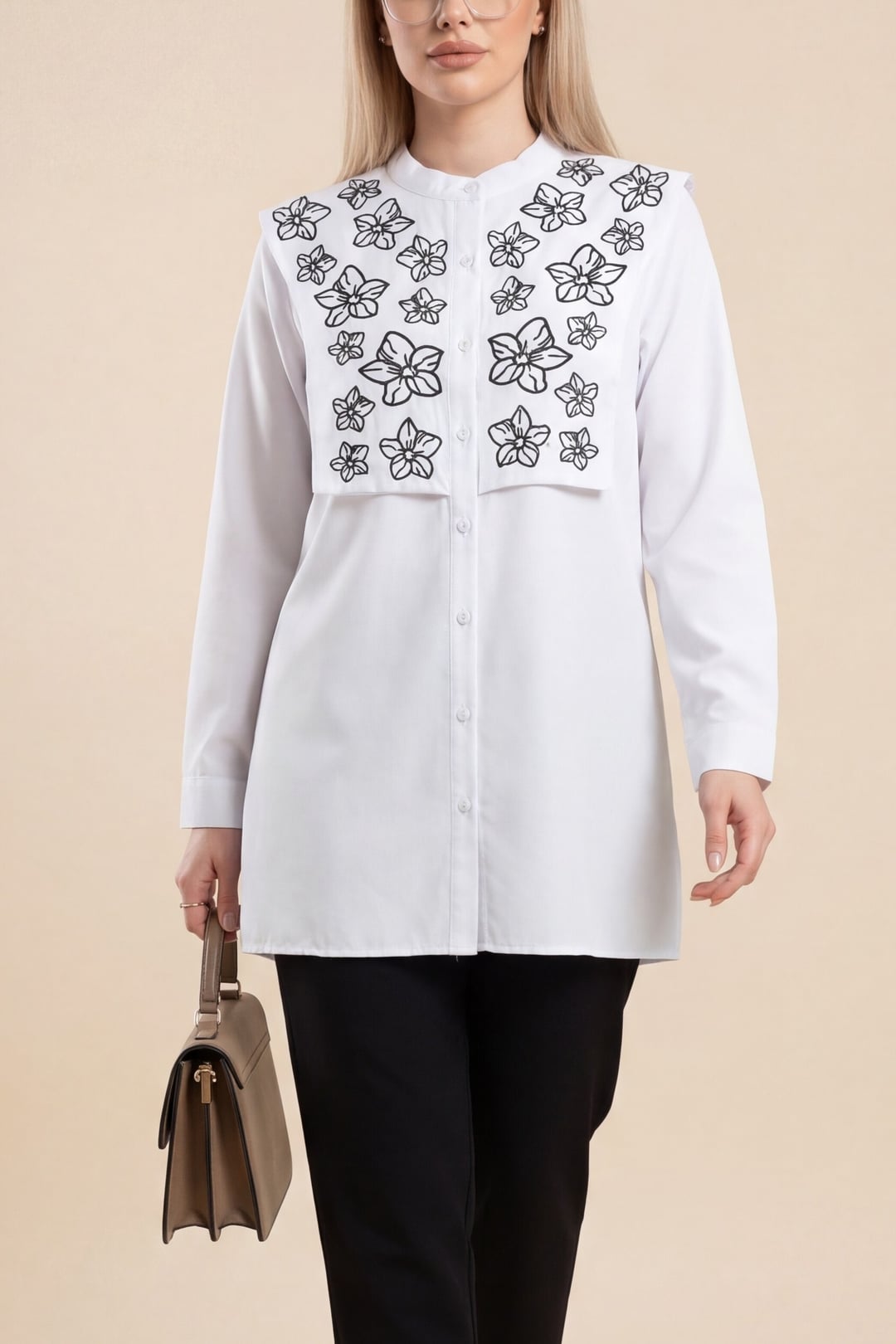 Embroidered Poplin Blouse with Mandarin Collar in White - Podyumplus - by Peralane - photo 3