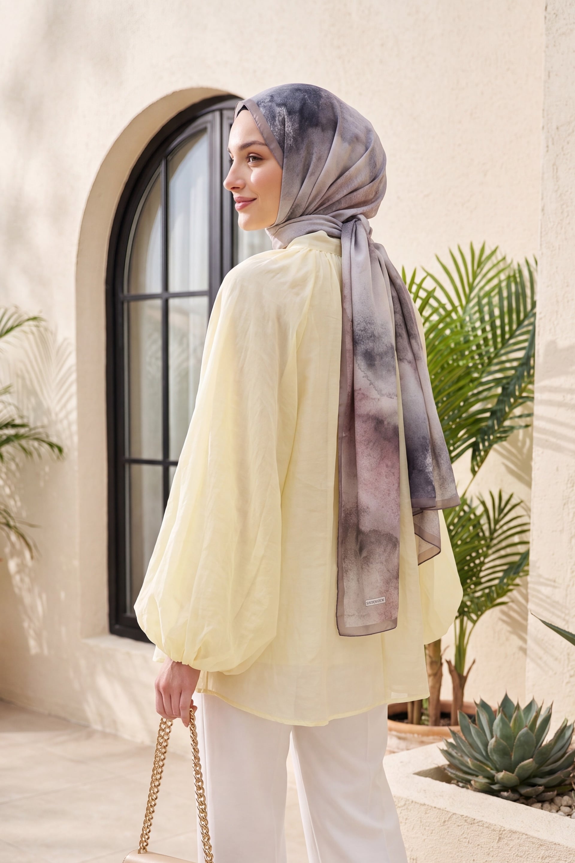 Women's Oversize Tie-Neck Half-Button Lined Tulle Voile Blouse - Light Yellow - Podyumplus - by Peralane - photo 4