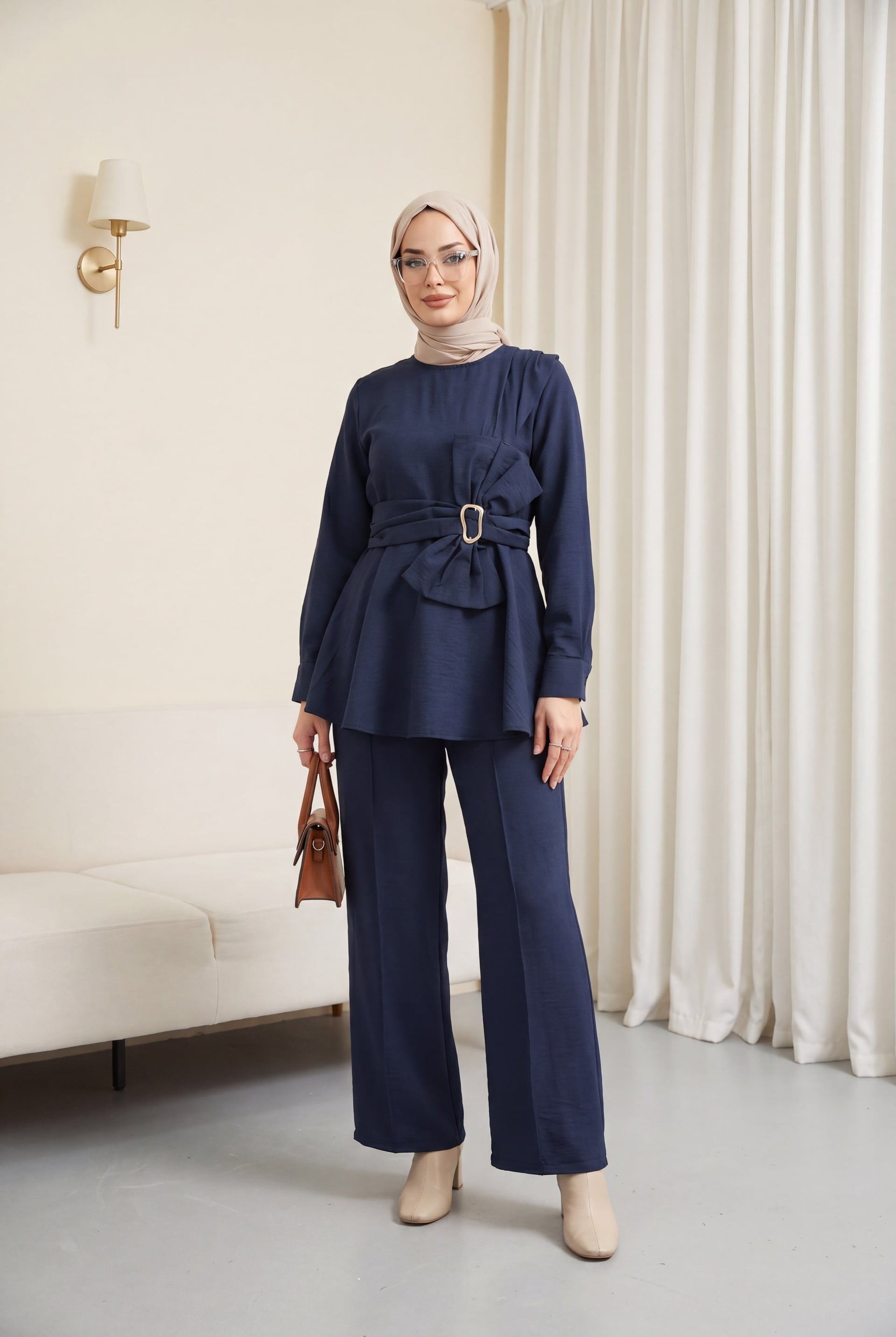 Navy Blue Belted Bow Detail Tunic and Wide-Leg Trousers Modest Set - Podyumplus - by Peralane - photo 3