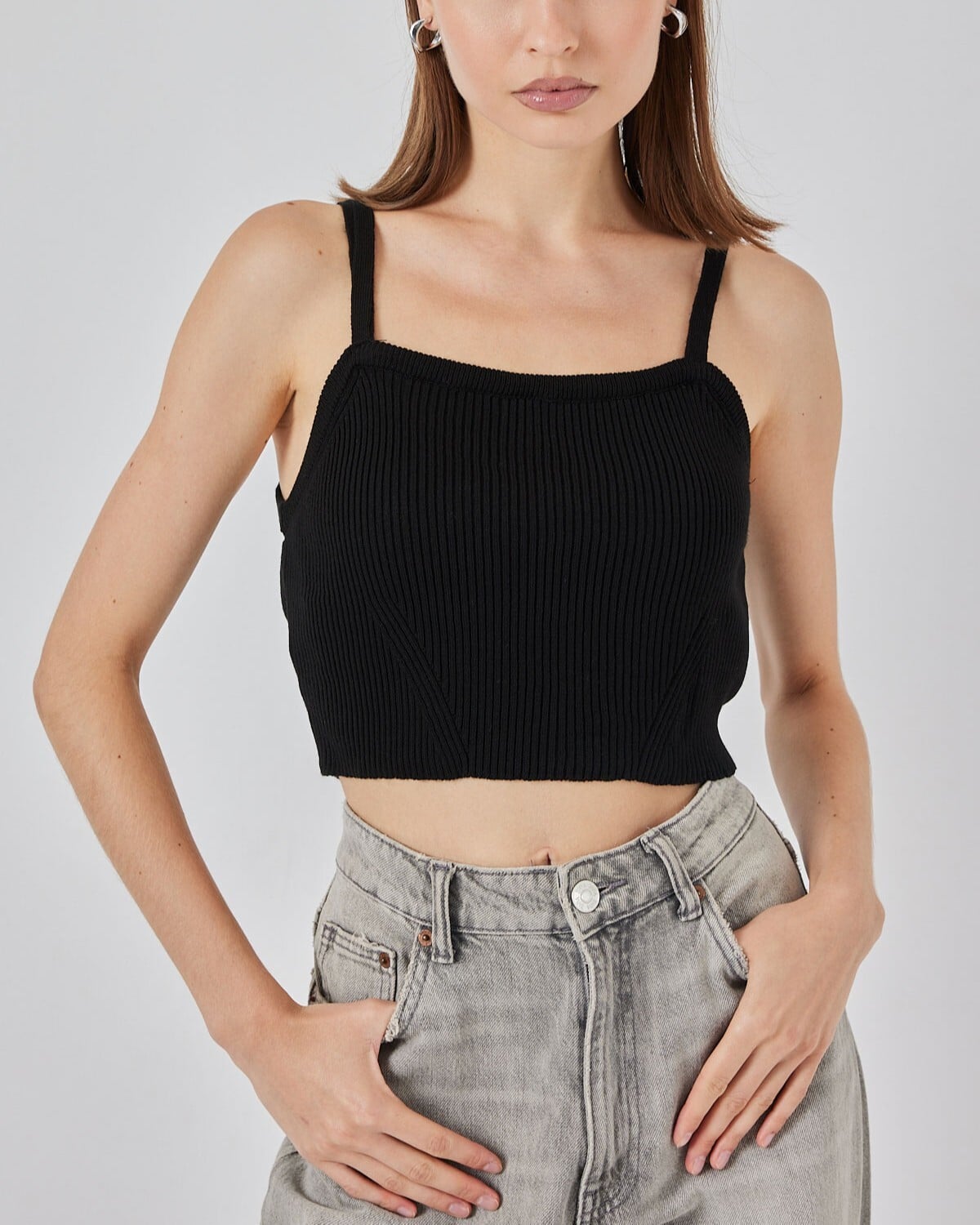 Women's Black Ribbed Knit Crop Tank Top with Square Neckline - Bigdart - by Peralane - photo 5