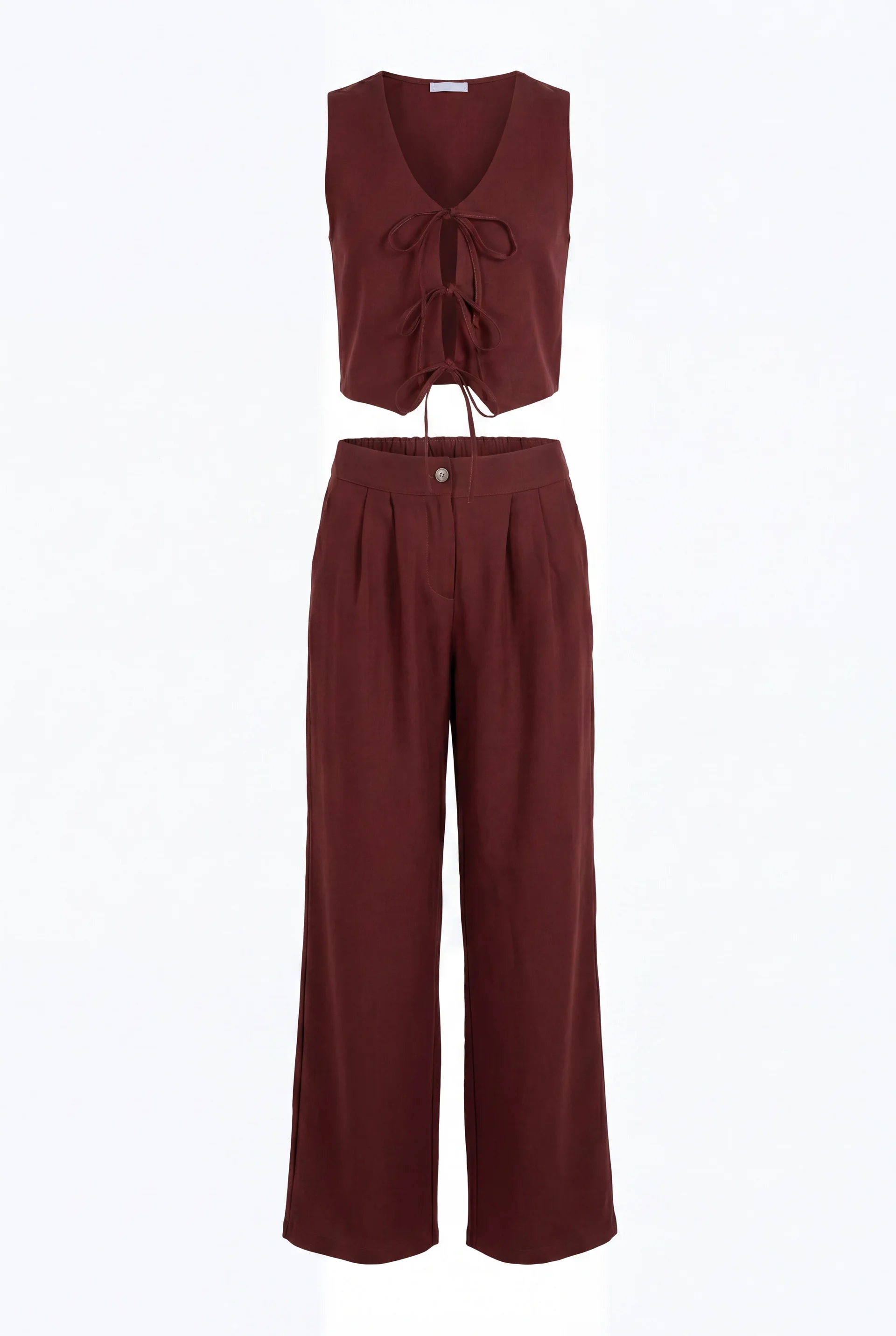 Burgundy Lace-Up Vest, Blouse and Wide-Leg Trousers 3-Piece Linen Look Set - Podyumplus - by Peralane - photo 5