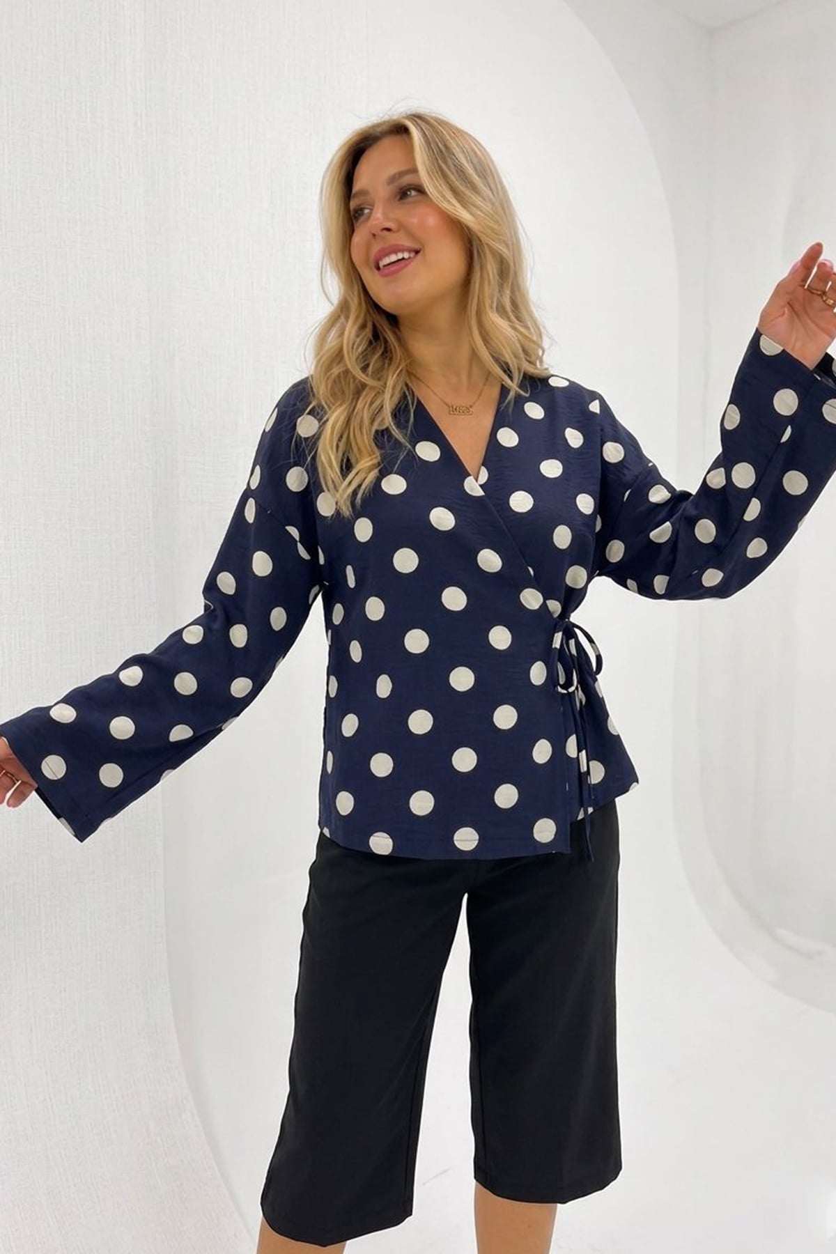 Women's Navy Blue Wrap-Style Polka Dot Blouse - Bigdart - by Peralane - photo 3