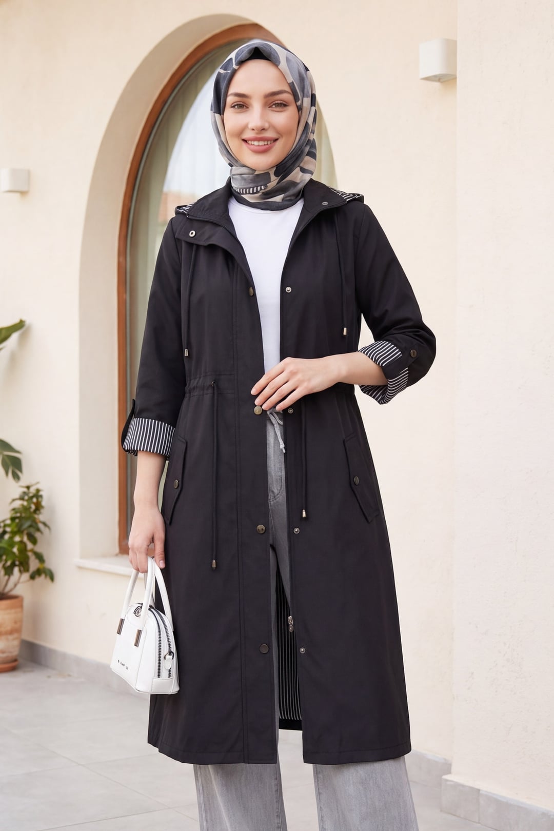 Black Hooded Trench Coat with Striped Lining - Podyumplus - by Peralane