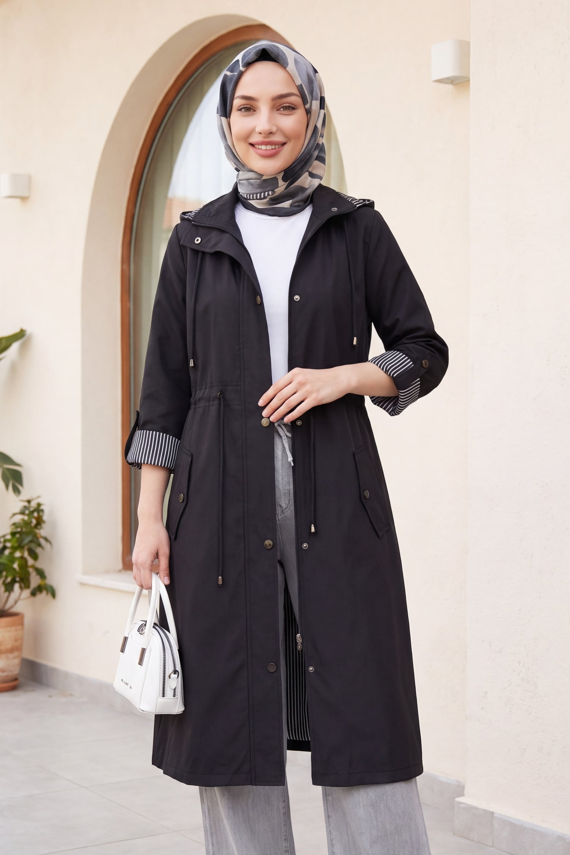 Black Hooded Trench Coat with Striped Lining - Podyumplus - by Peralane