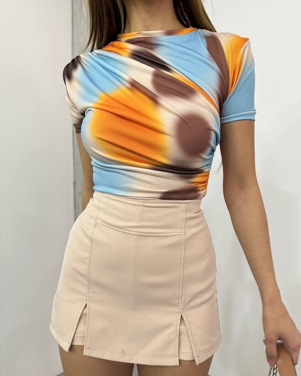 Women's Tie-Dye Printed Blouse with Drawstring Waist, Apricot - Podyumplus - by Peralane - photo 3
