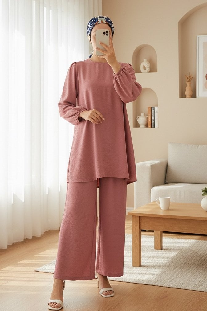 Dusty Rose Tunic and Wide-Leg Trousers Modest Set for Women - Bigdart - by Peralane