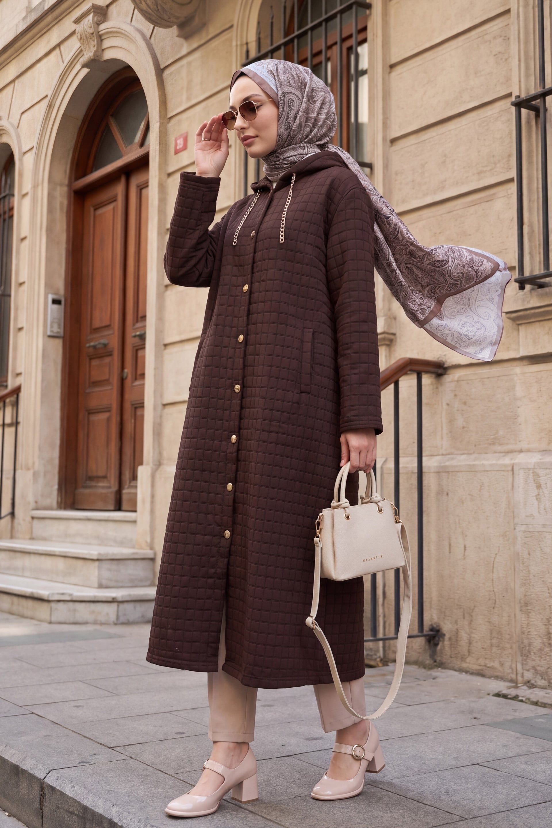 Long Quilted Coat with Chain Detail - Dark Brown - Podyumplus - by Peralane - photo 2