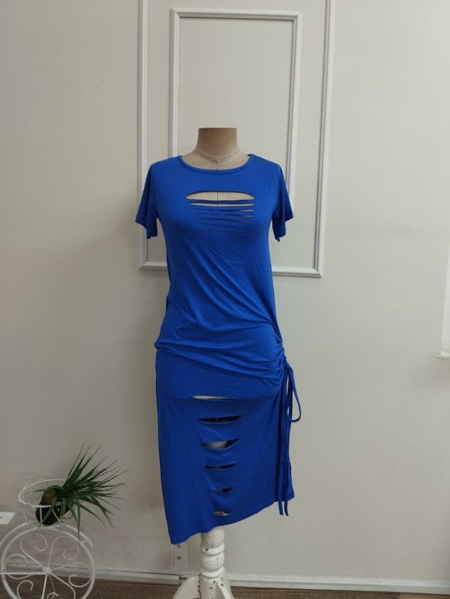 Women's Short Sleeve Viscose Midi Dress with Laser Cut and Ruched Slit Detail - Janes - by Peralane - photo 4