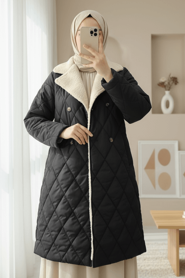 Black Quilted Sherpa Collar Belted Jacket - Podyumplus - by Peralane