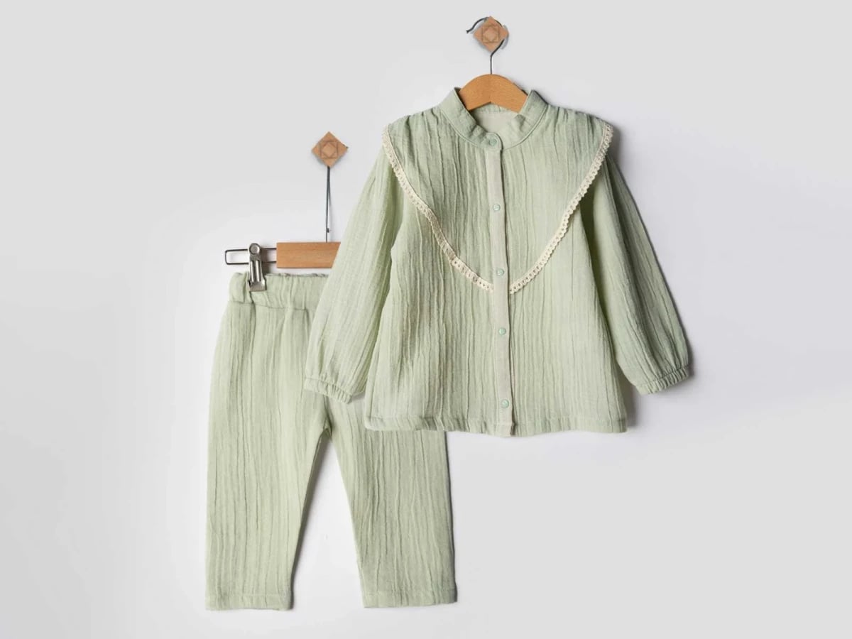 Girl's Baby Pyjama Set in Light Green with Lace Trim - Beyaz Bebek - by Peralane