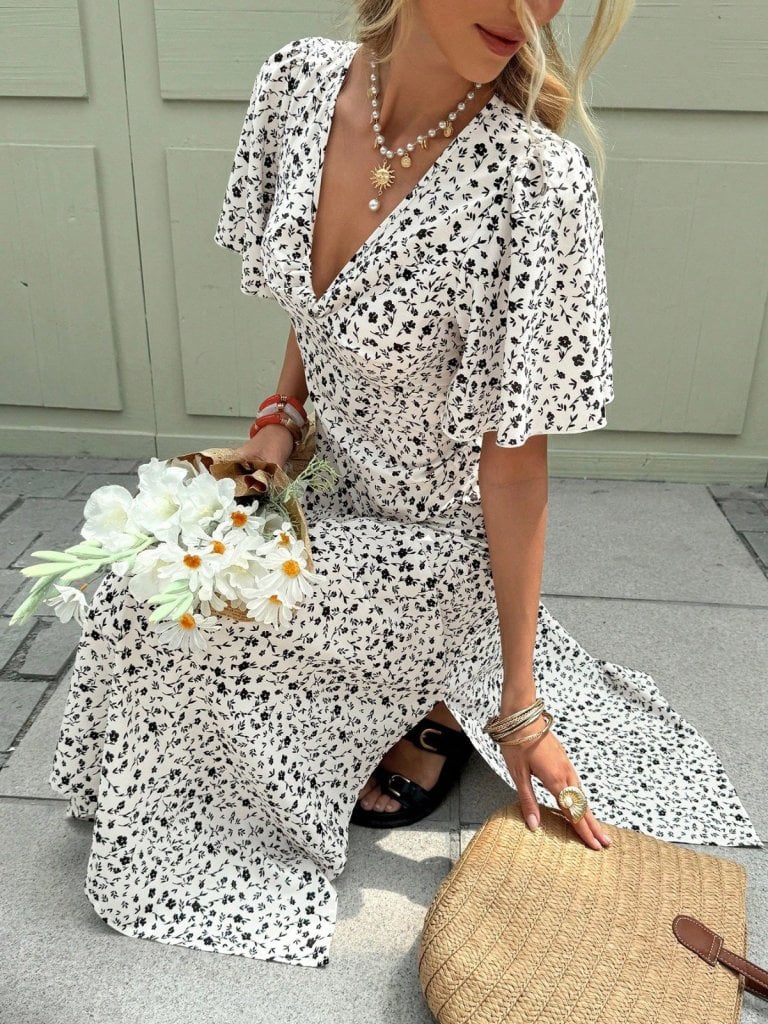 Women's White Floral Print Midi Dress with V-Neck and Side Slit - Janes - by Peralane - photo 2