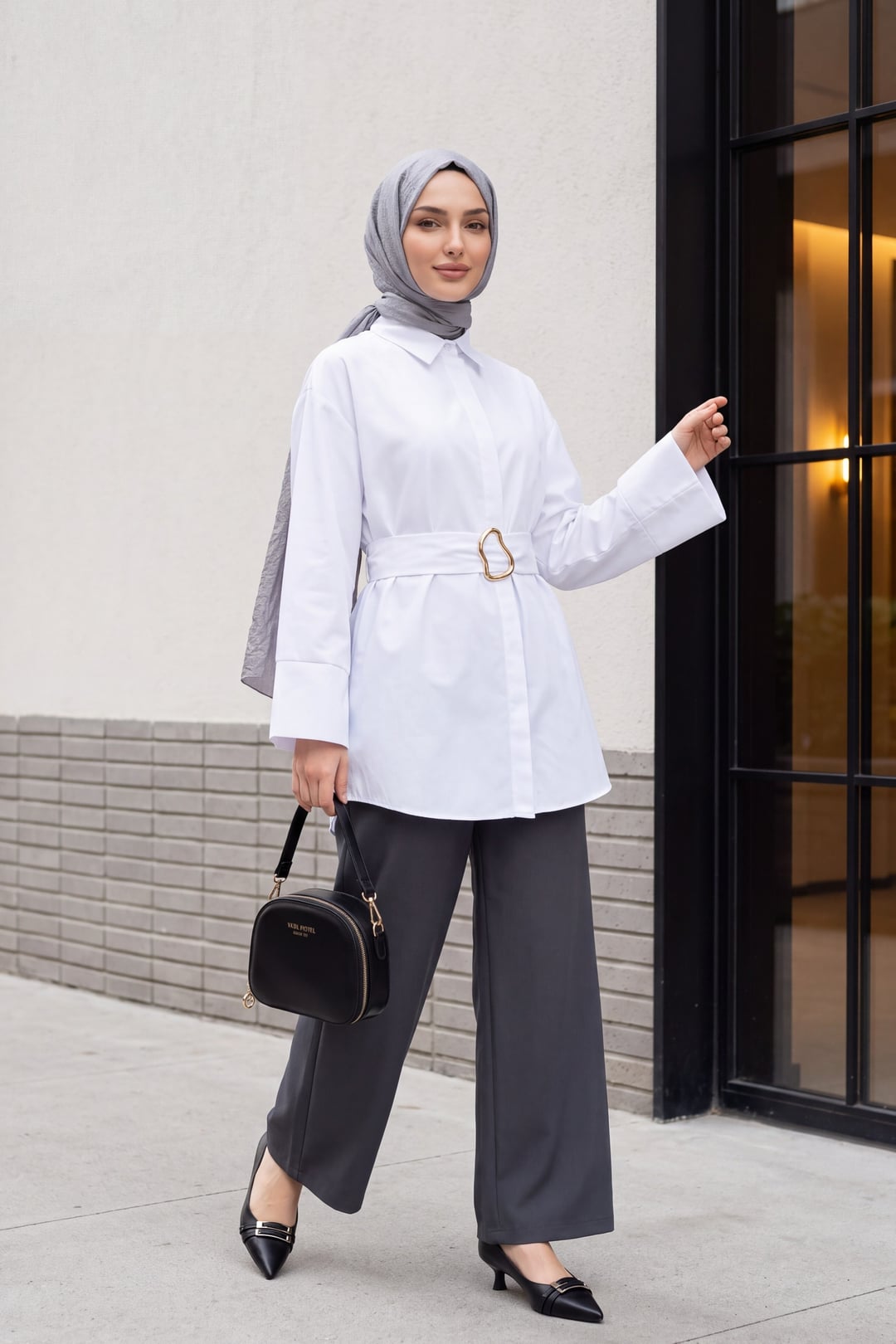 White Poplin Tunic with Buckled Belt and Double Cuff Sleeves - Podyumplus - by Peralane - photo 4