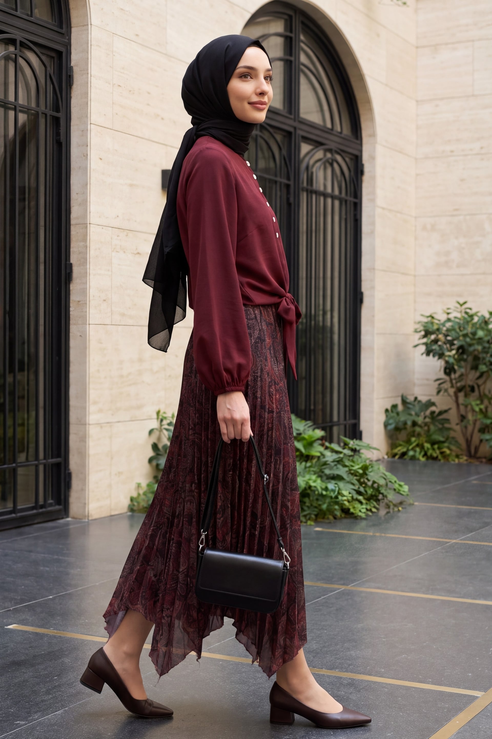 Mixed Print Elastic Waist Asymmetric Lined Tulle Skirt - Bordeaux - Podyumplus - by Peralane - photo 4