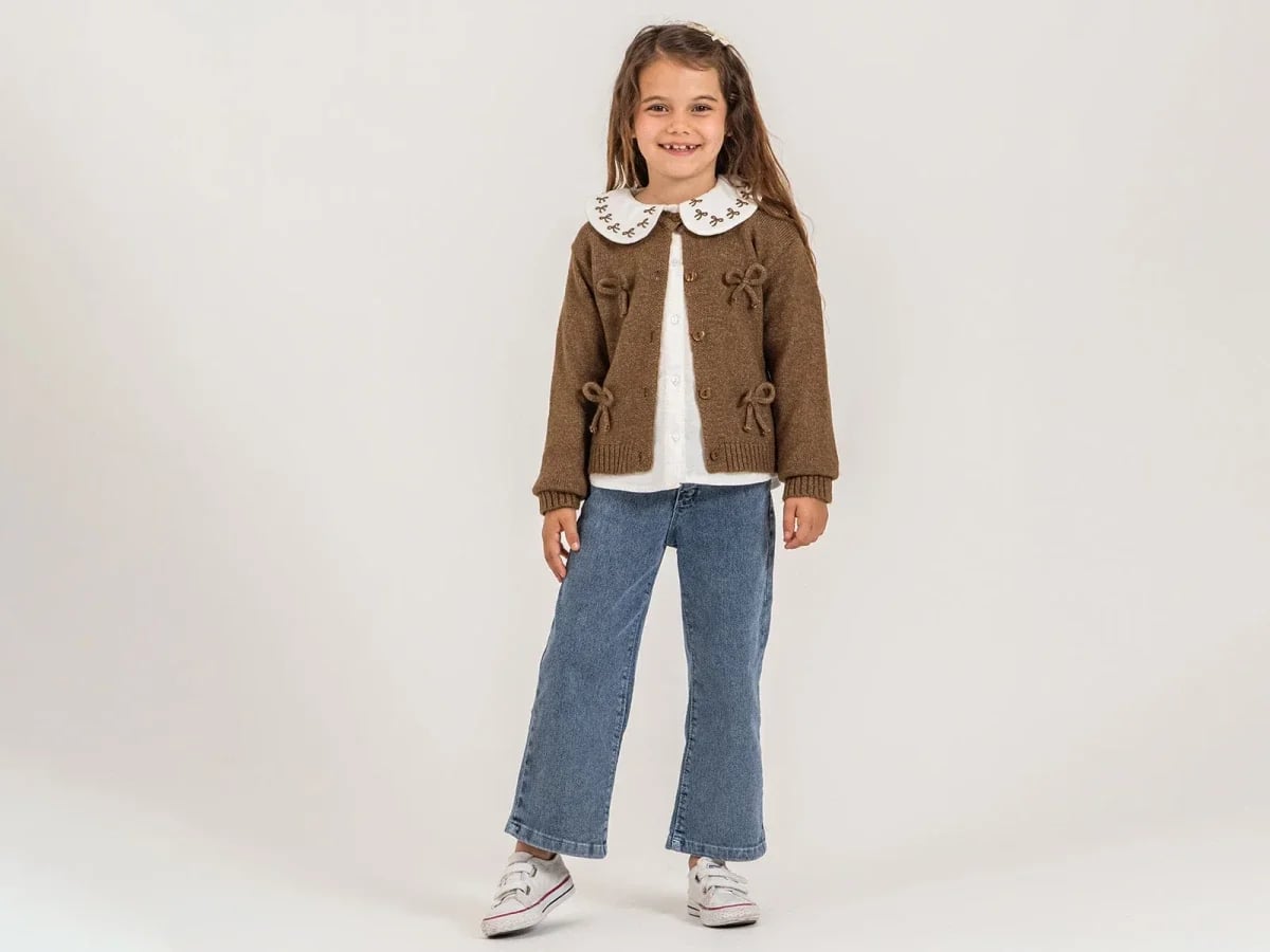 Girls' Knit Cardigan and Shirt 3-Piece Set with Ribbon Details - Brown - Pampal Kids - by Peralane