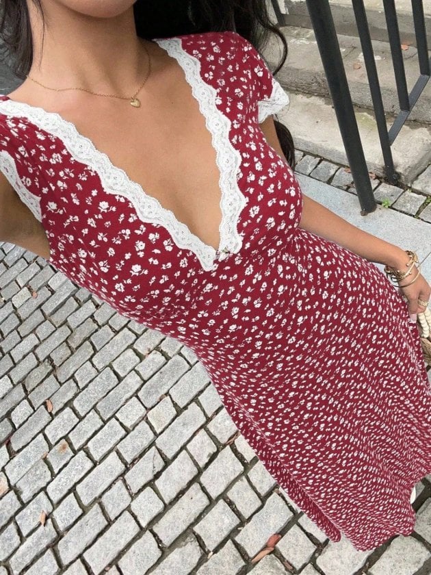 Women's Short Sleeve Deep V-Neck Lace Detail Floral Print Midi Dress - Janes - by Peralane - photo 5
