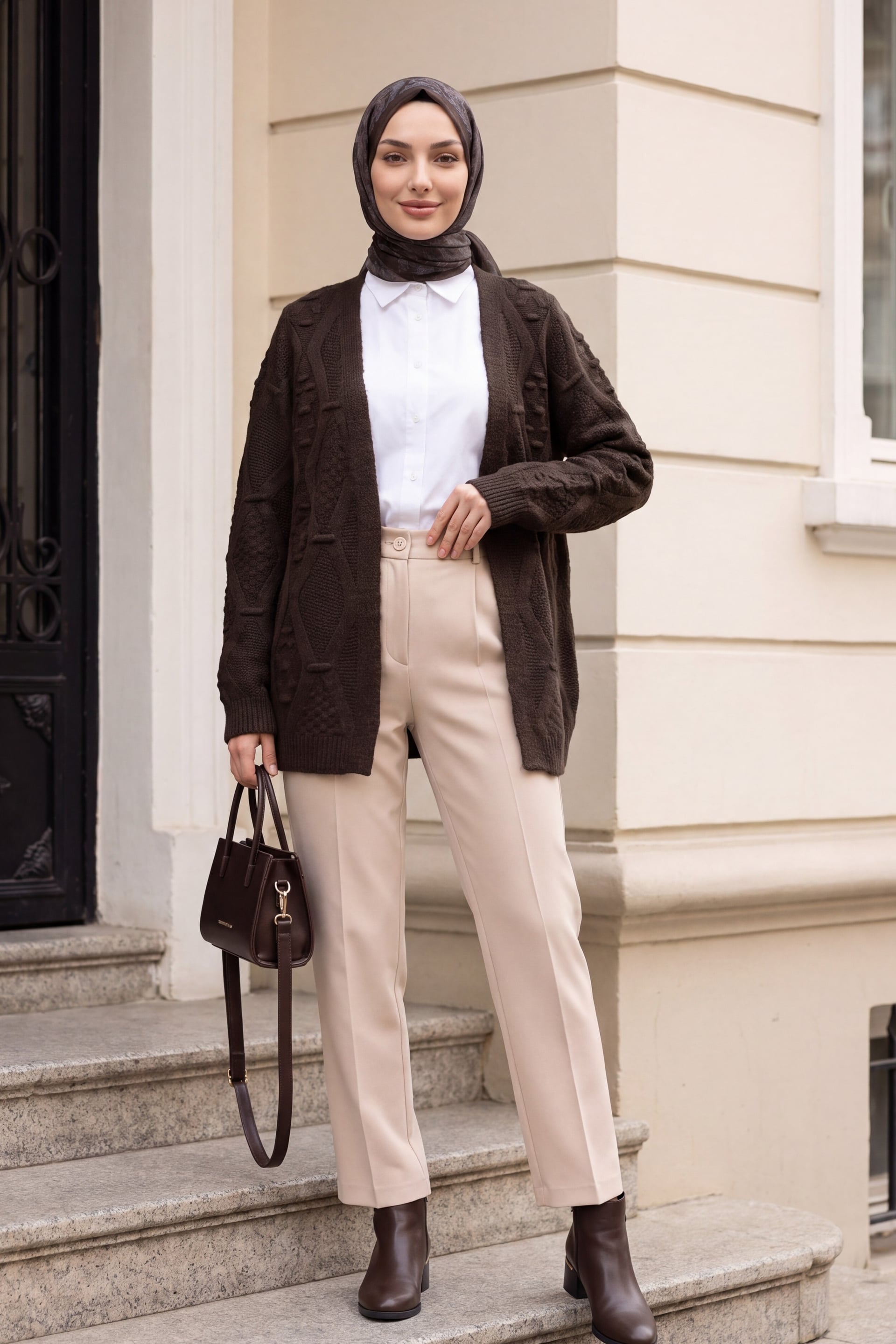 Pom Pom Detail Mid-Length Knit Cardigan - Dark Brown - Podyumplus - by Peralane - photo 4
