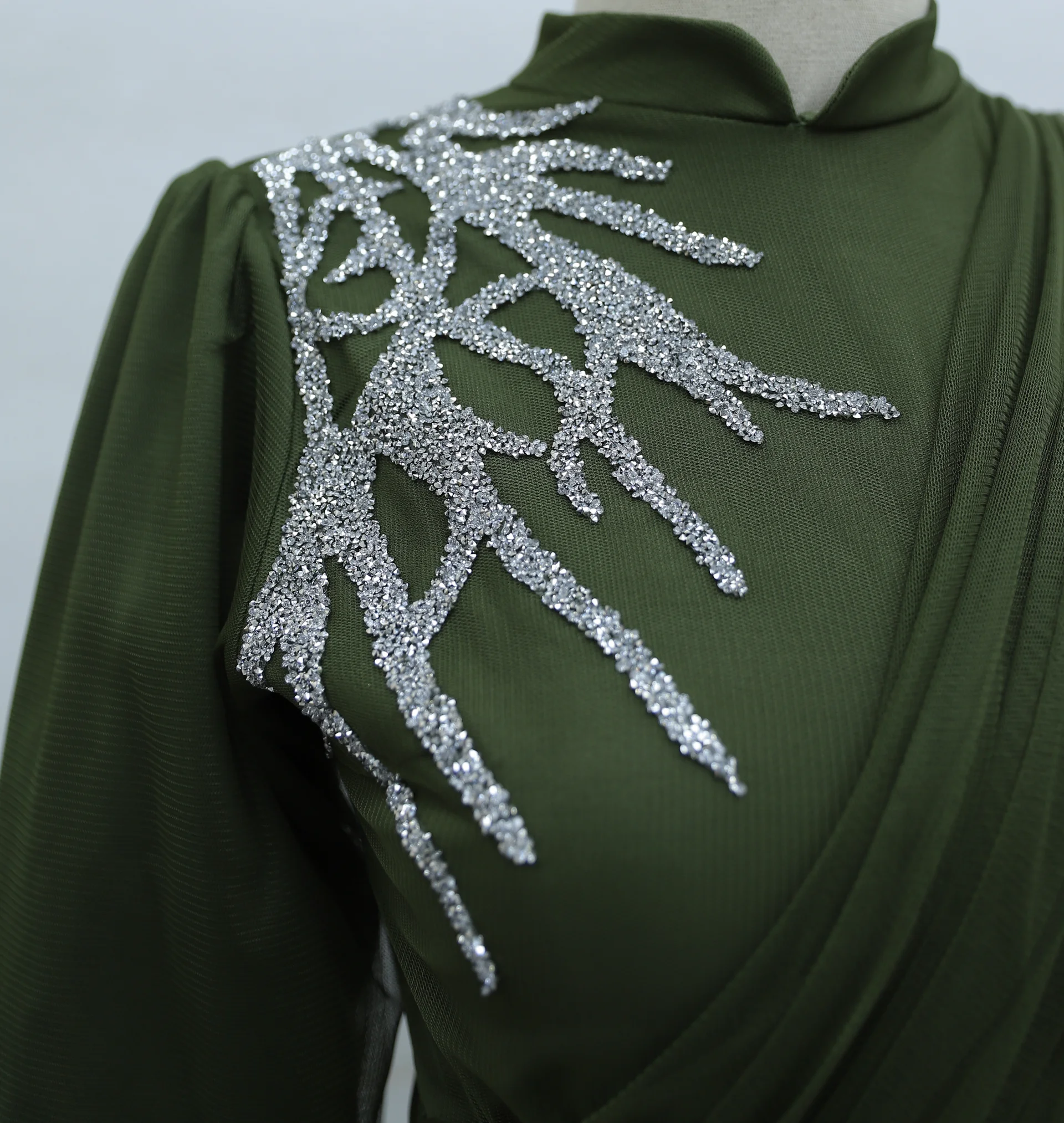 Olive Green Stone Embellished Draped Tulle Evening Dress with Belt - Podyumplus - by Peralane - photo 8