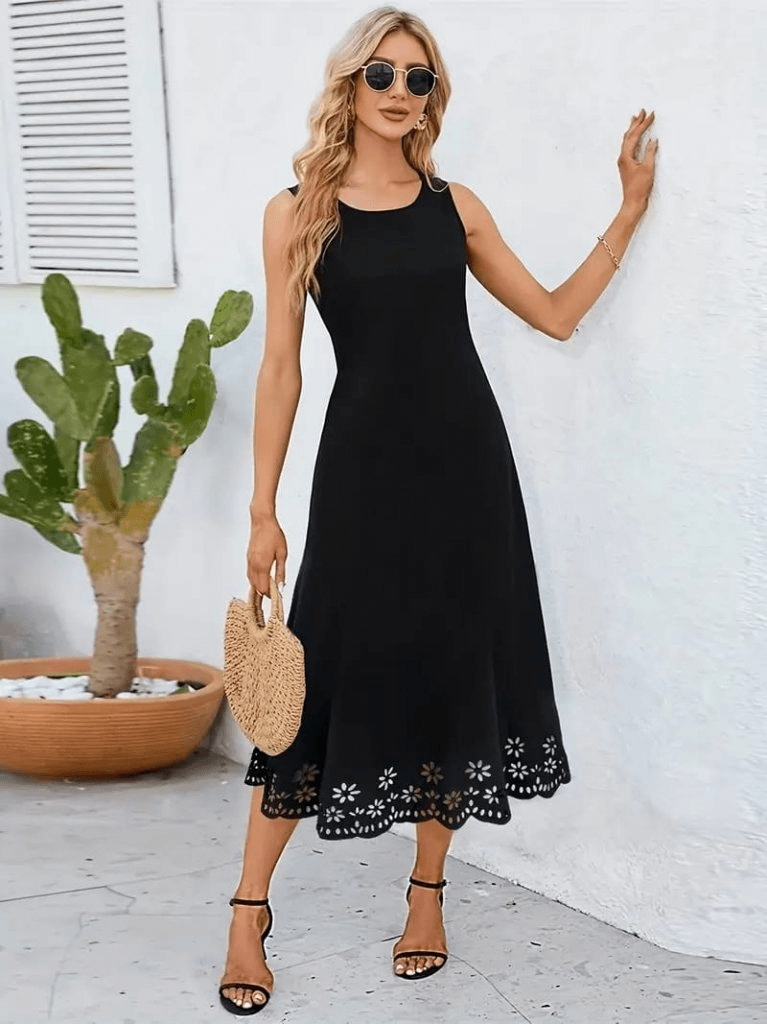 Women's Sleeveless Midi Dress with Laser-Cut Floral Hem - Janes - by Peralane