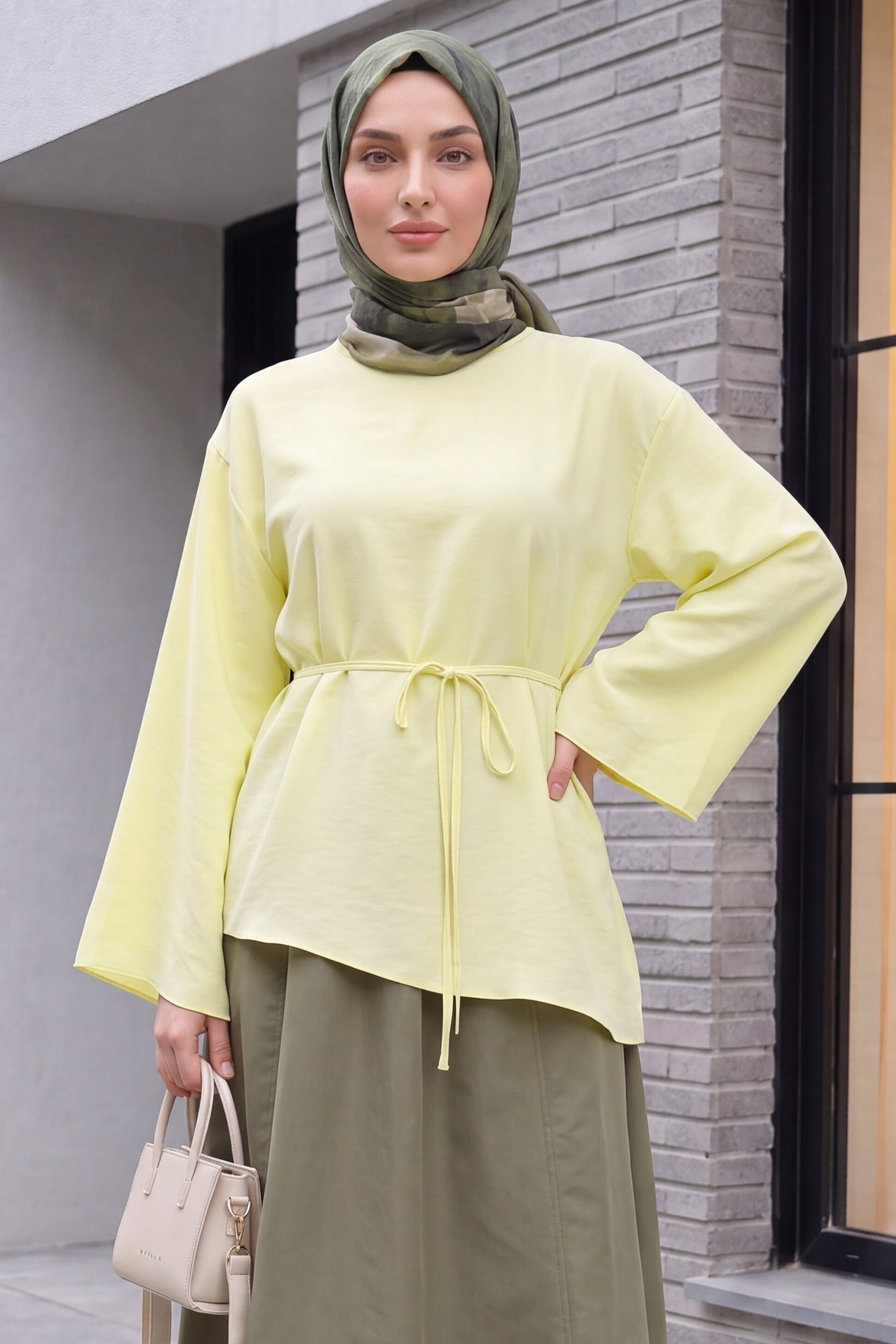 Asymmetric Cut Tie-Waist Oversize Modal Tunic - Pale Yellow - Podyumplus - by Peralane - photo 7