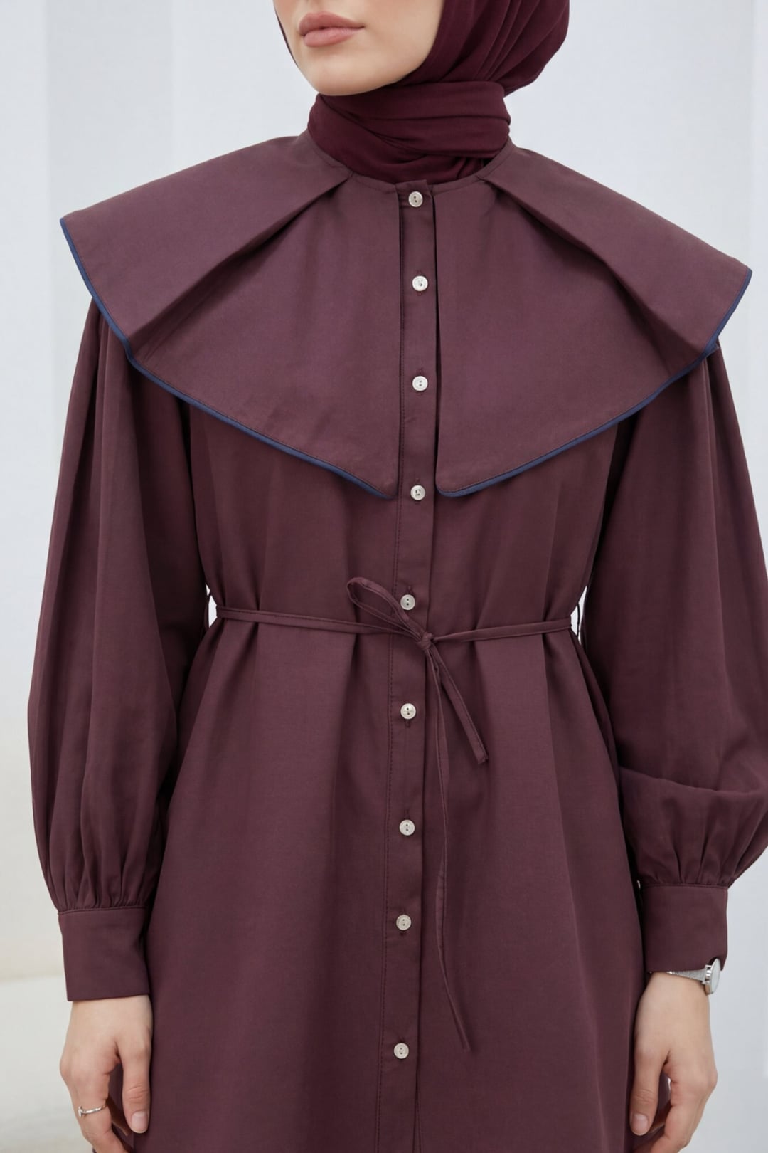 Wide Collar Belted Button-Front Tunic - Plum - Podyumplus - by Peralane - photo 3